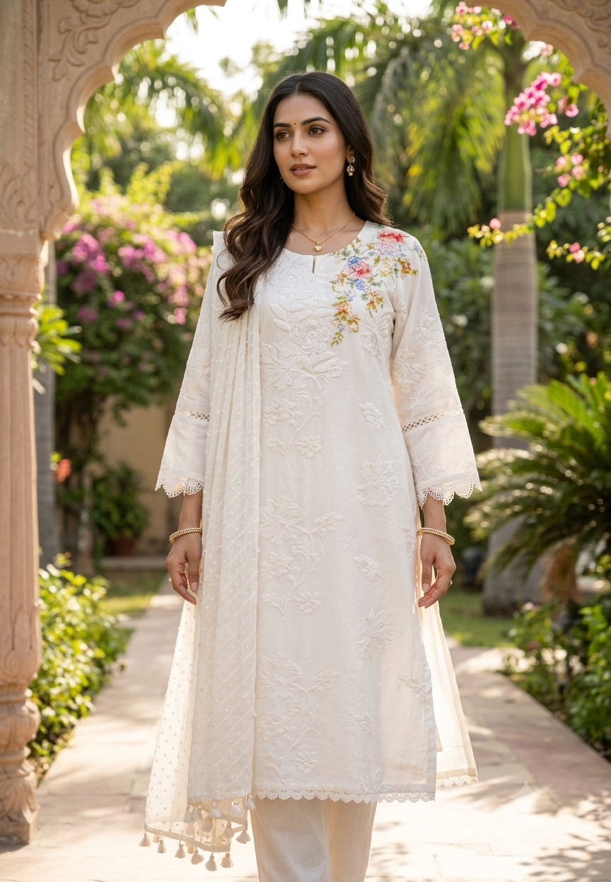 Ivory Cut-Dana Embellished 3D Floral Embroidered Premium Cotton Full Suit Set With Dupatta- 15191