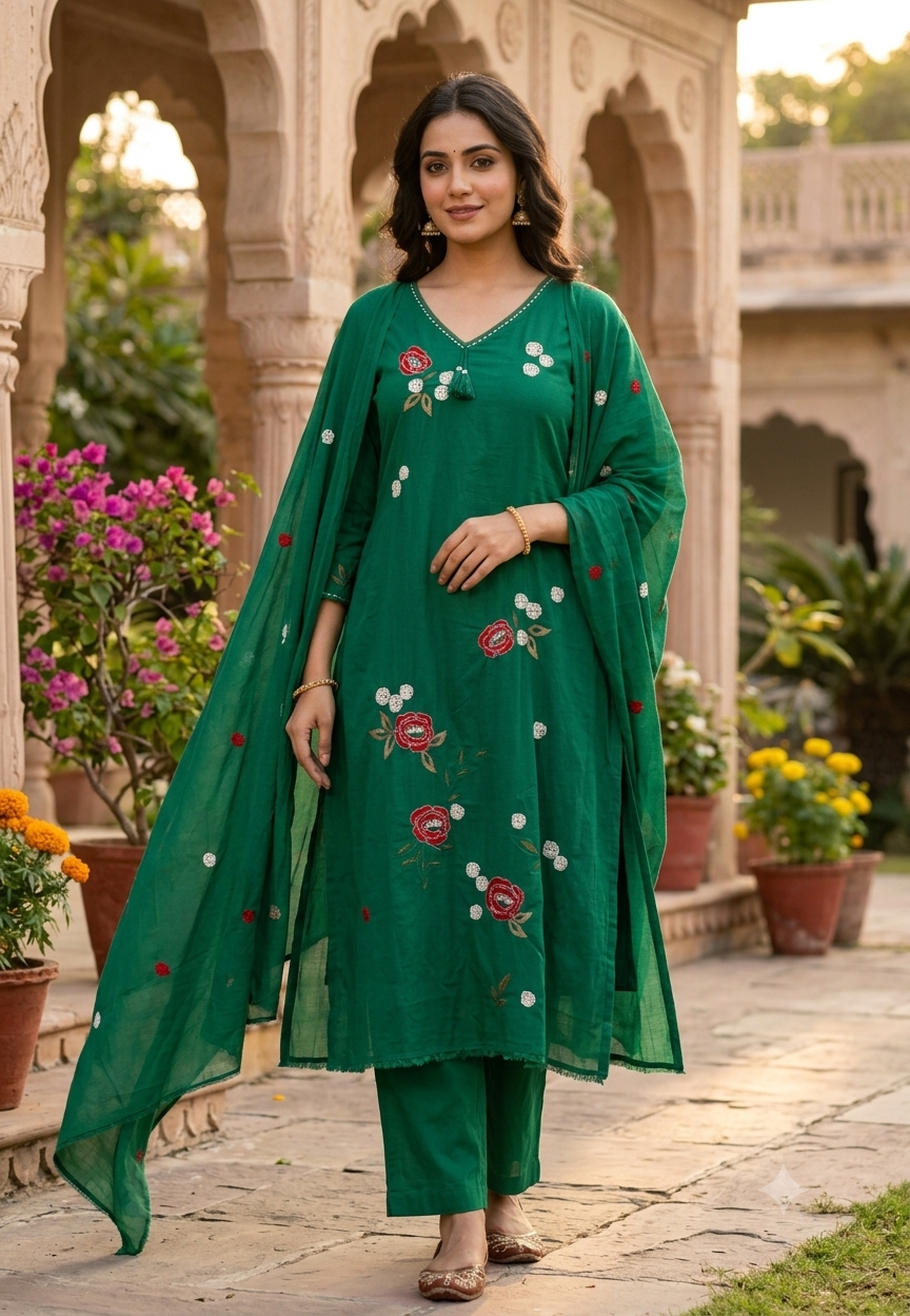 Floral Embroidery Side Slitted V-Neck Full Suit Set with Tassel Detailing & Matching Dupatta- 16522