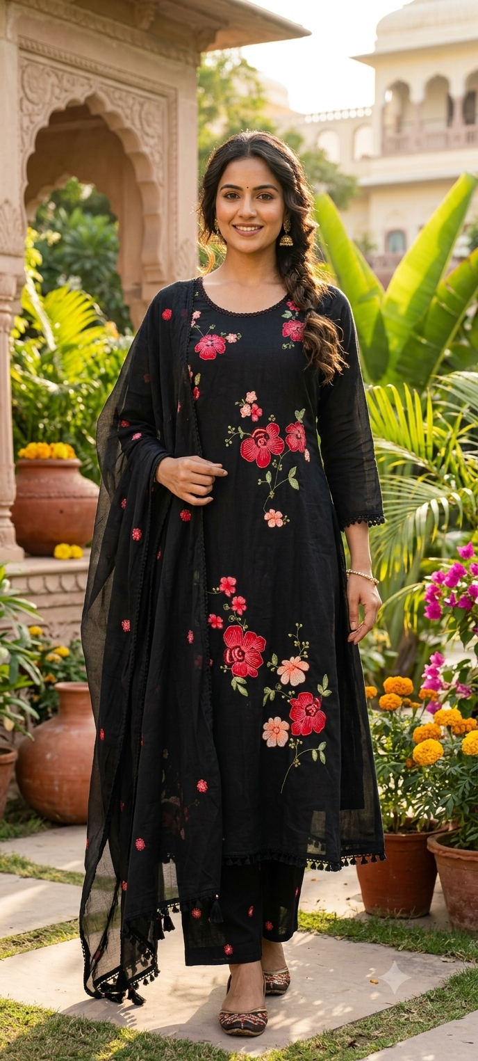 Pure Cotton Intricate Floral Embroidery Solid Shade A-Line Full Suit Set With Dupatta- 16519