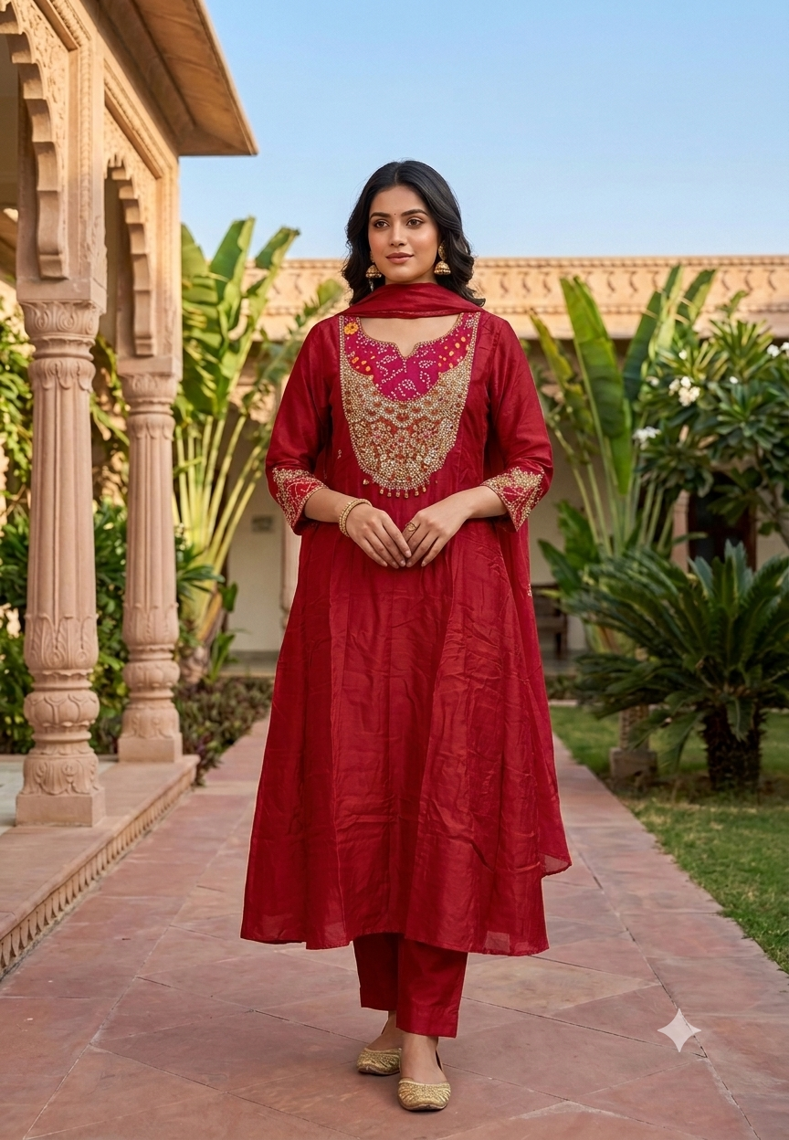 Russian Silk Bandhej Patch With Heavy Embroidery Work Panel Anarkali Full Suit Set With Dupatta-16566