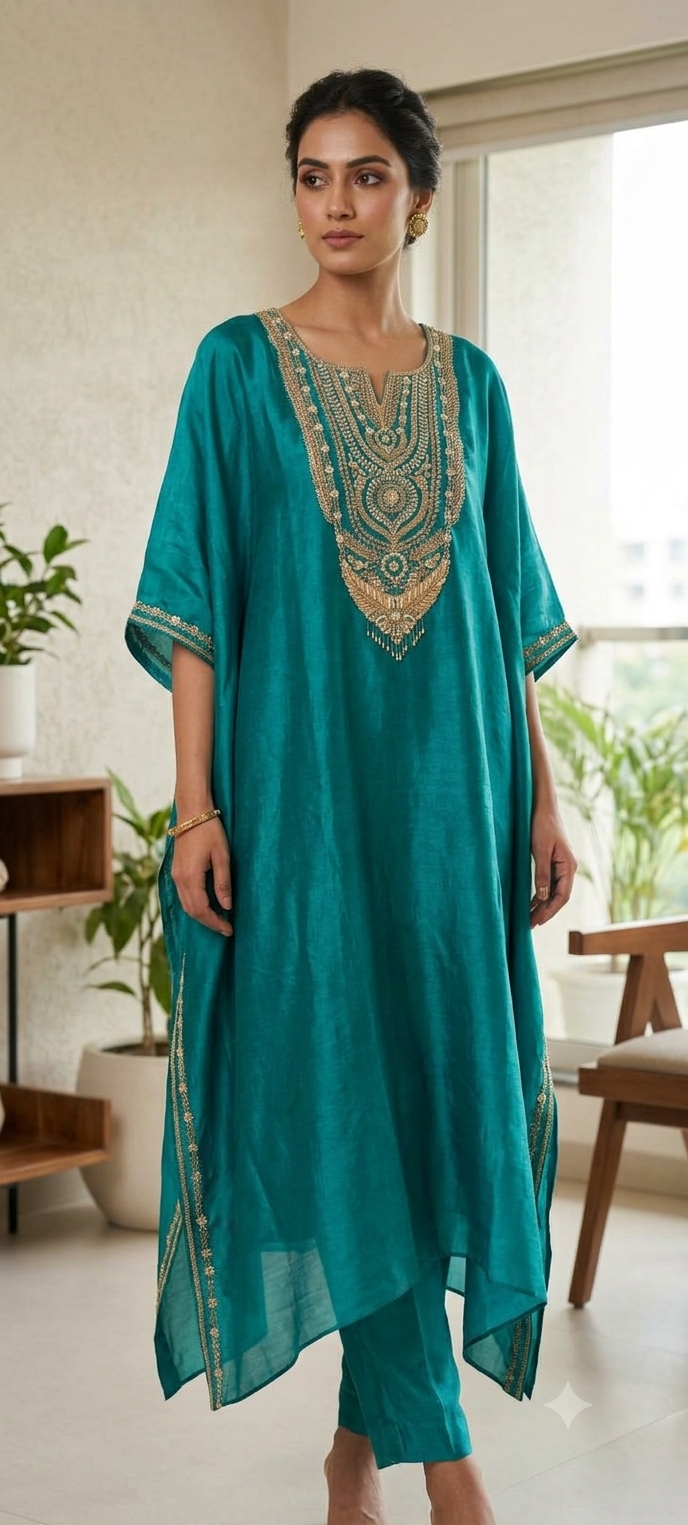 Dabka Zardosi Embroidered Crystal Accented Turquoise Grace Kaftan With Matching Bottom- 16627