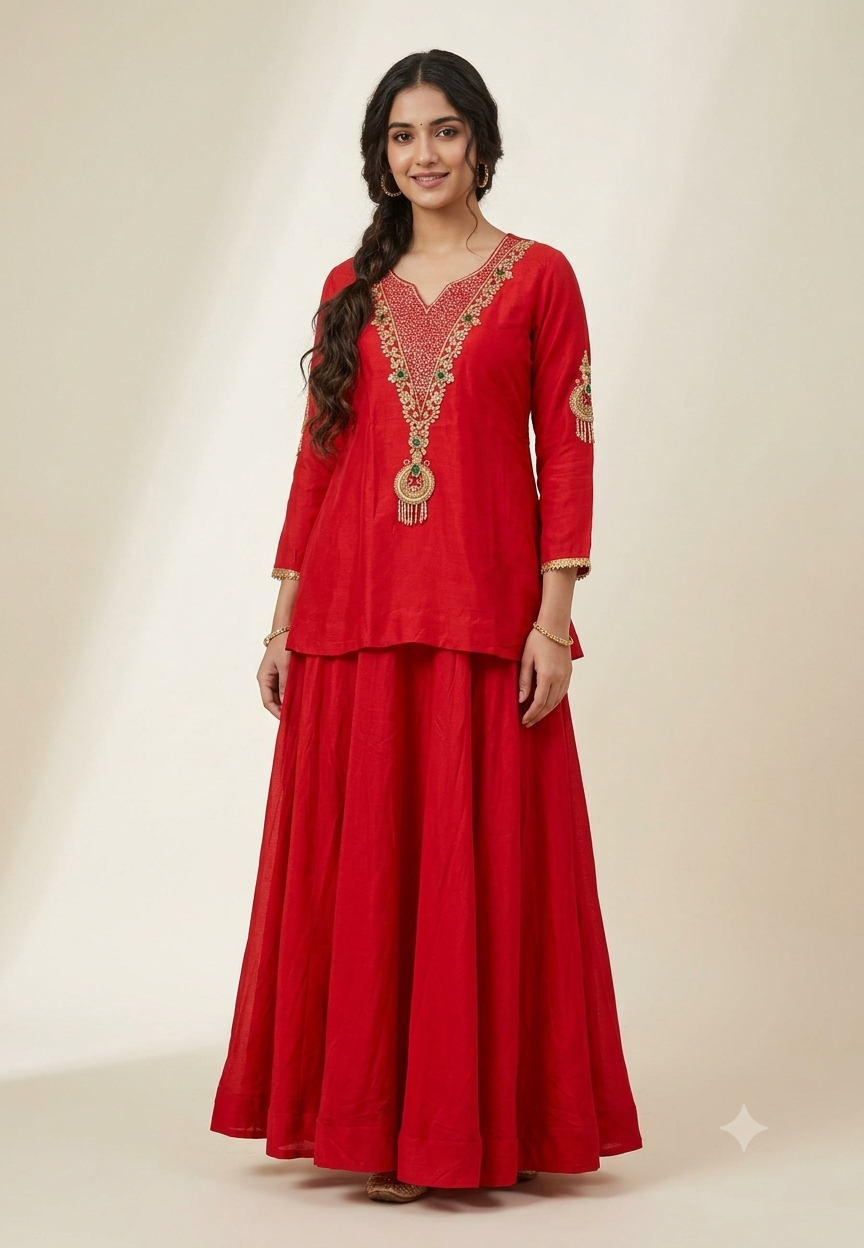 Deep Pink Short Kurta & Skirt Set with Heavily Embroidered Yoke, Stone Work & Motif Sleeves- 16603