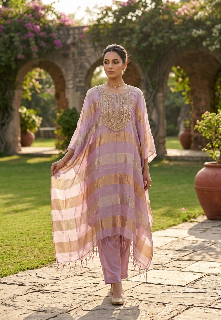 Pure Tissue Golden Metallic Striped Kaftan Set with Heavy Yoke Embroidery & Matching Bottom- 16625
