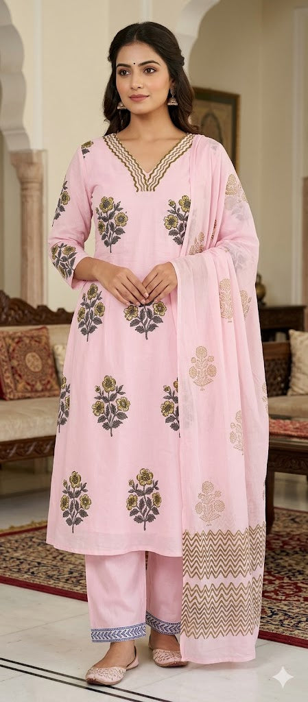 Giant Flower Print Beautiful Weavy Neckline A-Line Cotton Full Suit Set With Dupatta- 14968