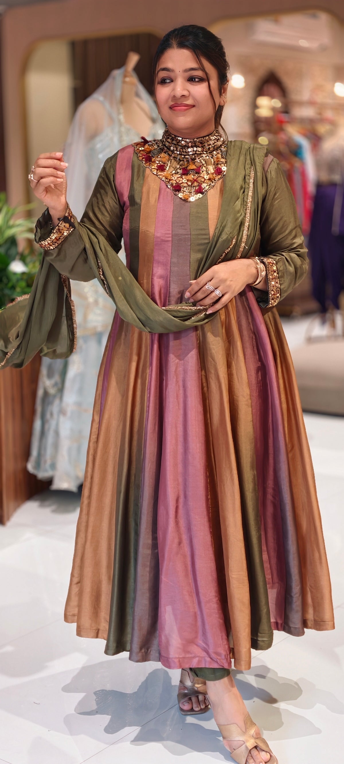 Heavy Sequin Thread Tassels Detailing Neckline Multicolor Panels Premium Silk Anar Pre Order Booking