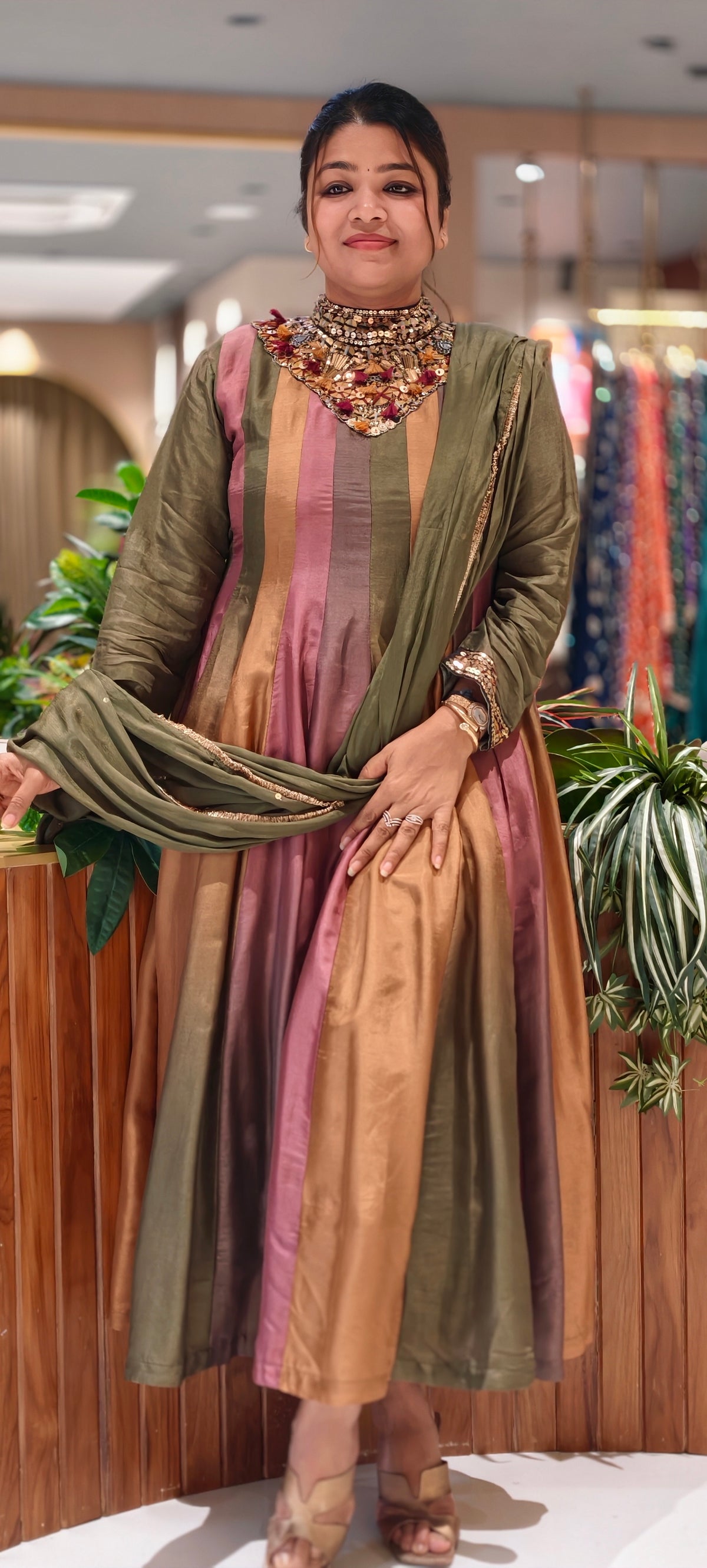 Heavy Sequin Thread Tassels Detailing Neckline Multicolor Panels Premium Silk Anar Pre Order Booking