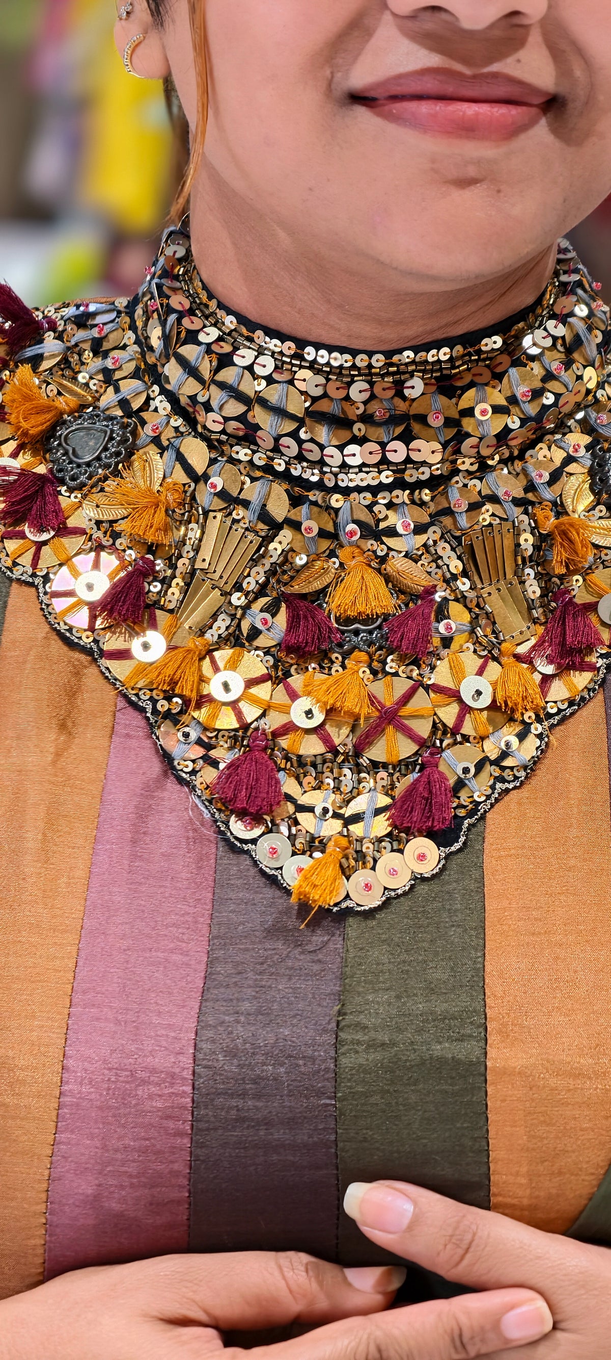 Heavy Sequin Thread Tassels Detailing Neckline Multicolor Panels Premium Silk Anar Pre Order Booking