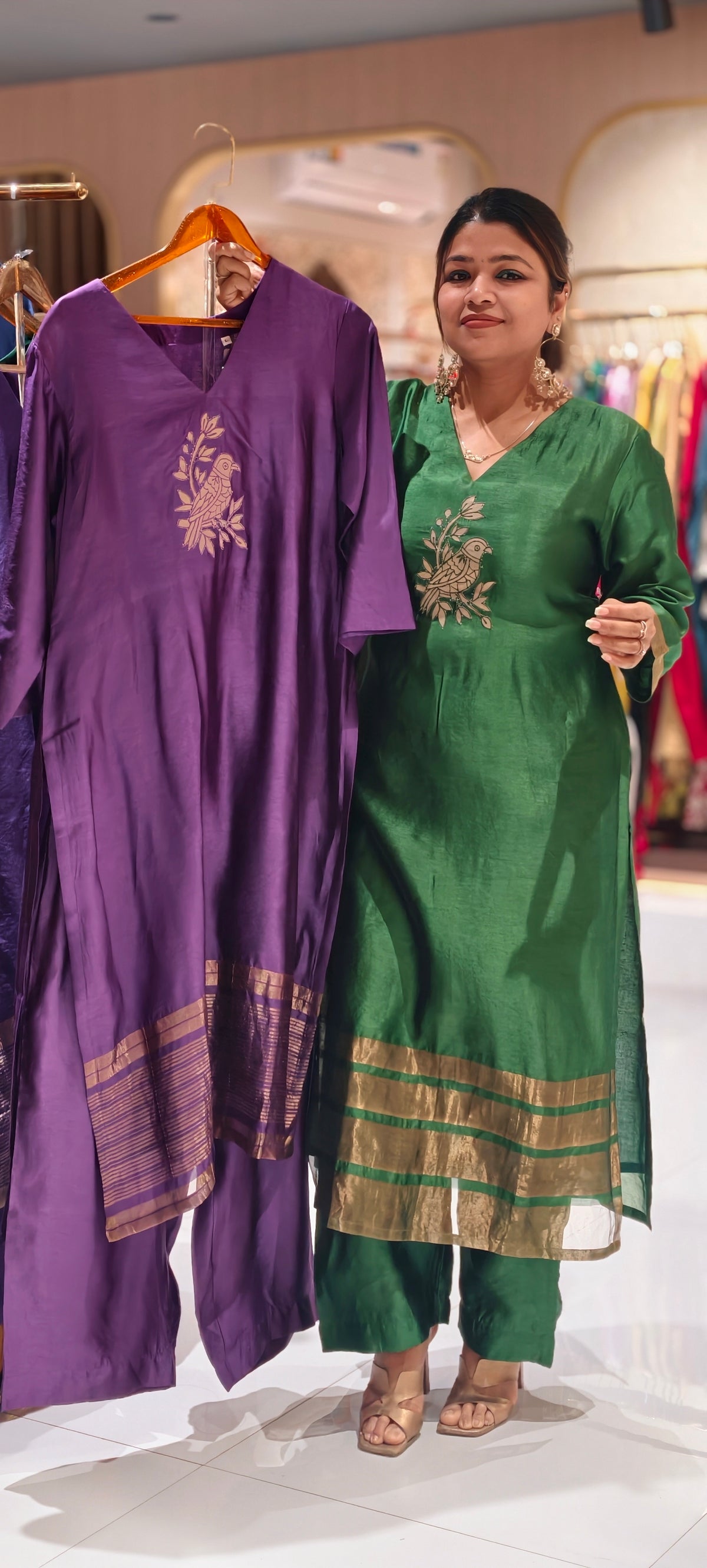 Bird and Floral Branch Motifs, Metallic Gold Striped Hem Border Pure Raw Silk Straight Kurta Side Silt With Matching Straight Pants- 17051
