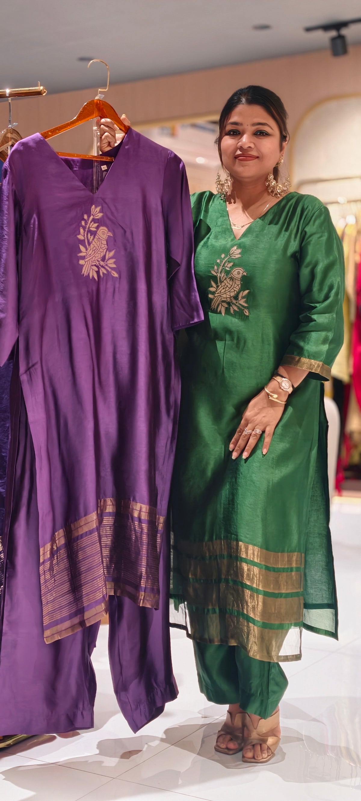 Bird and Floral Branch Motifs, Metallic Gold Striped Hem Border Pure Raw Silk Straight Kurta Side Silt With Matching Straight Pants- 17051