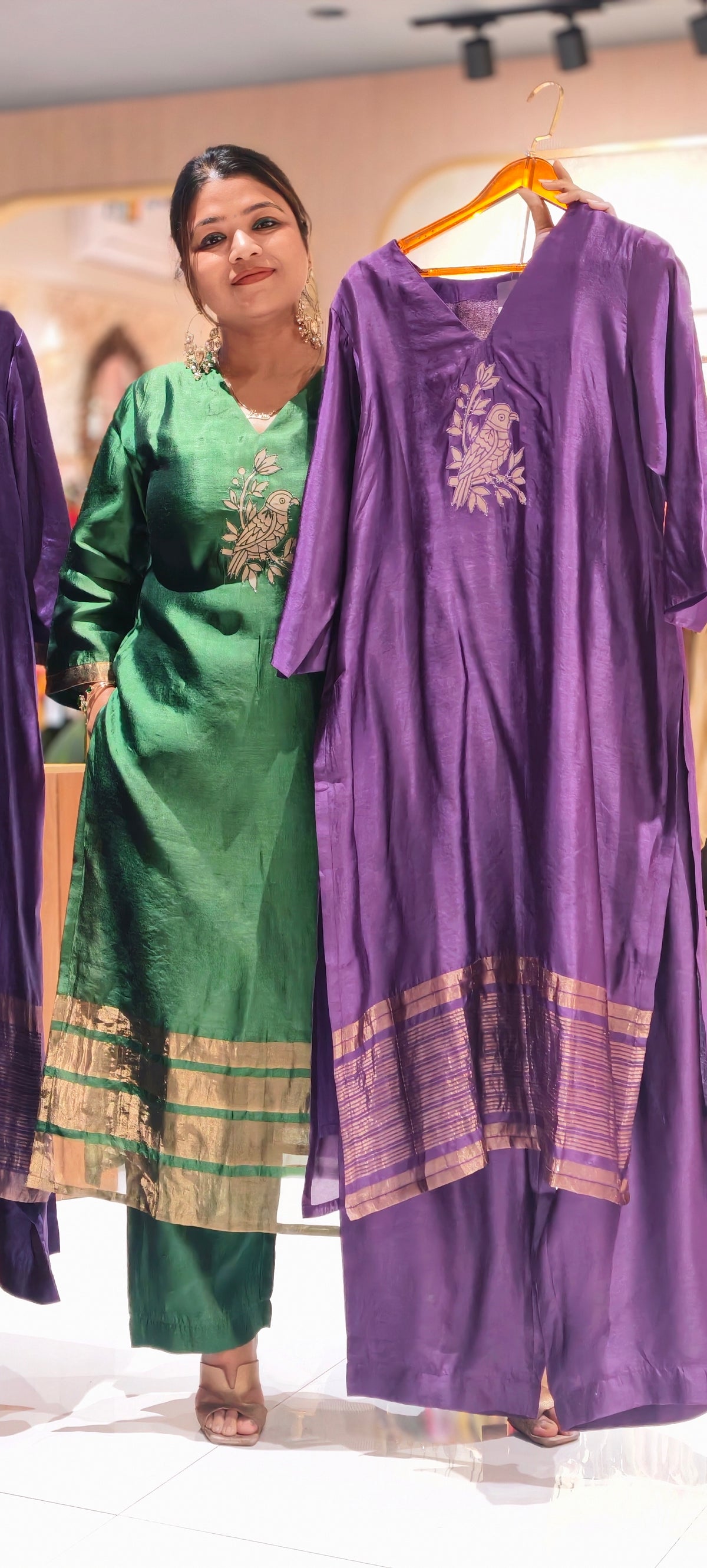Bird and Floral Branch Motifs, Metallic Gold Striped Hem Border Pure Raw Silk Straight Kurta Side Silt With Matching Straight Pants- 17051