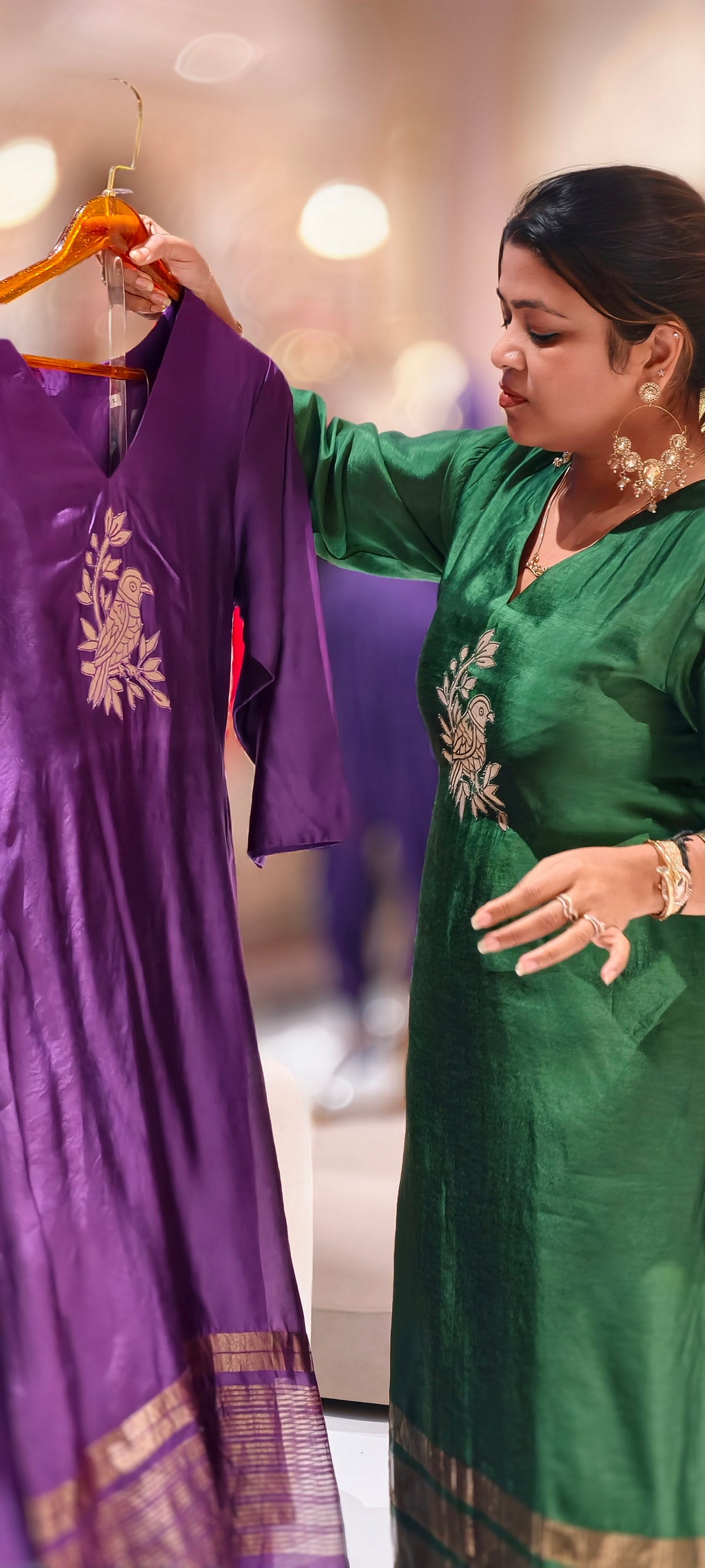 Bird and Floral Branch Motifs, Metallic Gold Striped Hem Border Pure Raw Silk Straight Kurta Side Silt With Matching Straight Pants- 17051