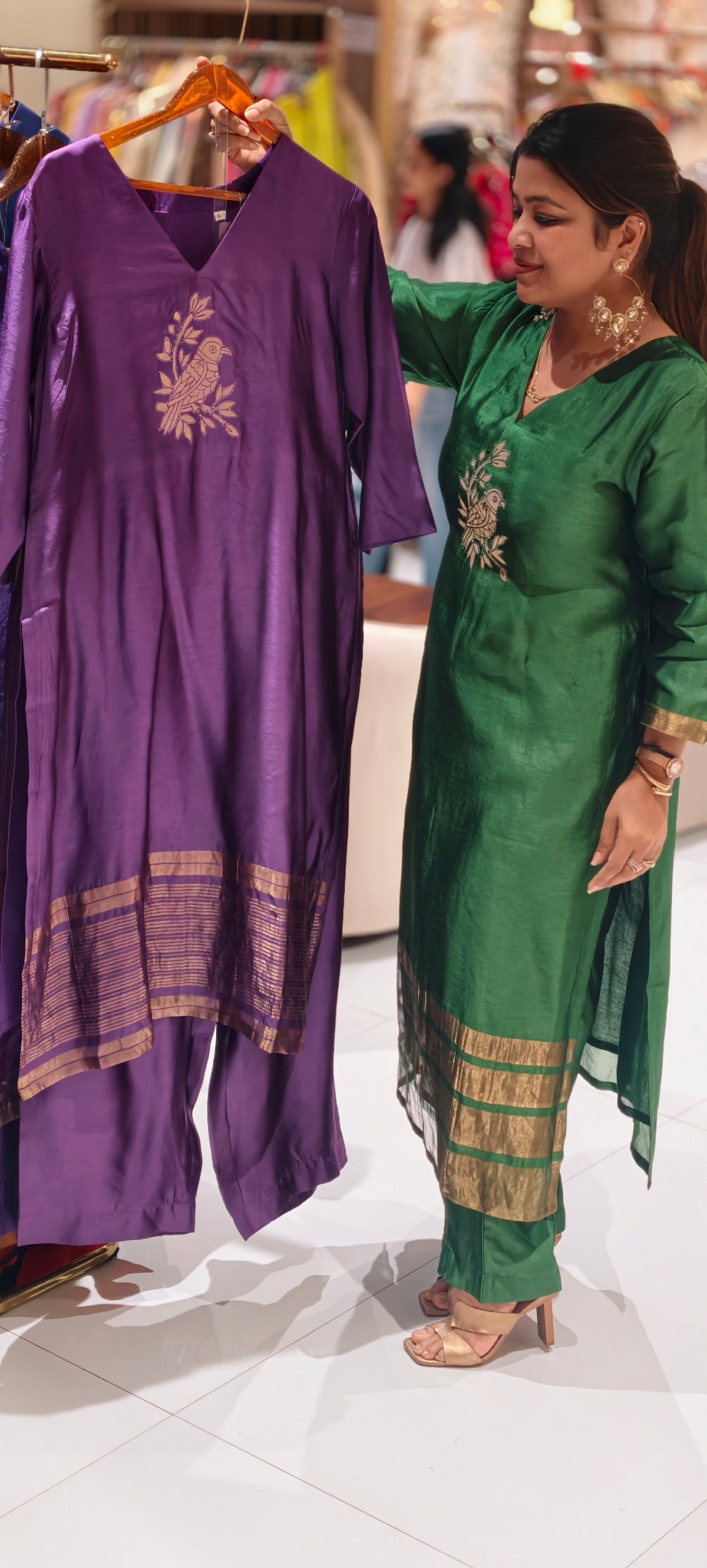 Bird and Floral Branch Motifs, Metallic Gold Striped Hem Border Pure Raw Silk Straight Kurta Side Silt With Matching Straight Pants- 17051