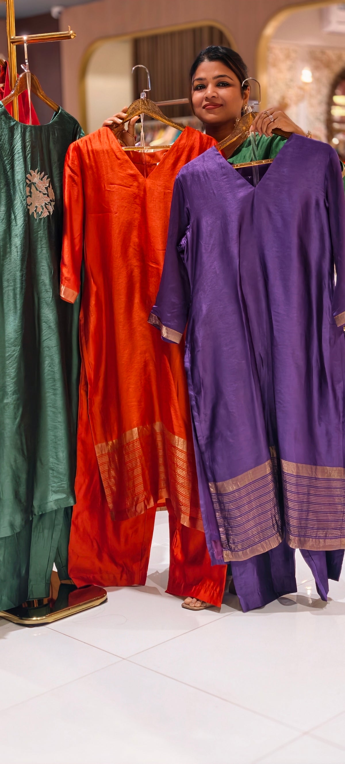 Minimal Metallic Gold Striped and Textured Woven Hem Border Raw Silk Matching Back Patchwork Straight Kurta Side Slit Pant Set - 17055 17056