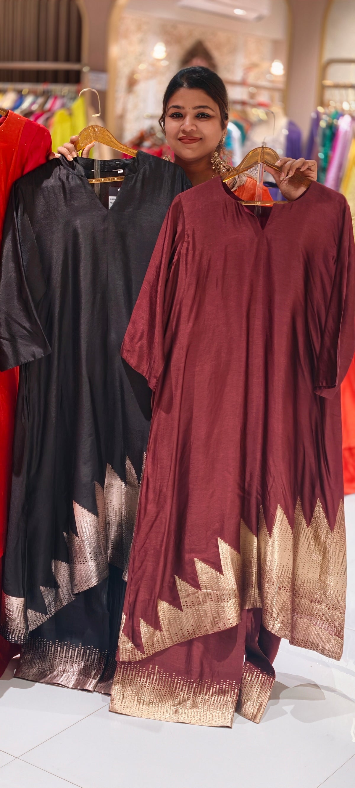 Raw Silk Minimal V-Neckline Statement Antique Gold Geometric Woven Hem Border Aline Kurta and Matching Loose Palazzo Bottom- 17038 Dispatching After 30 Days