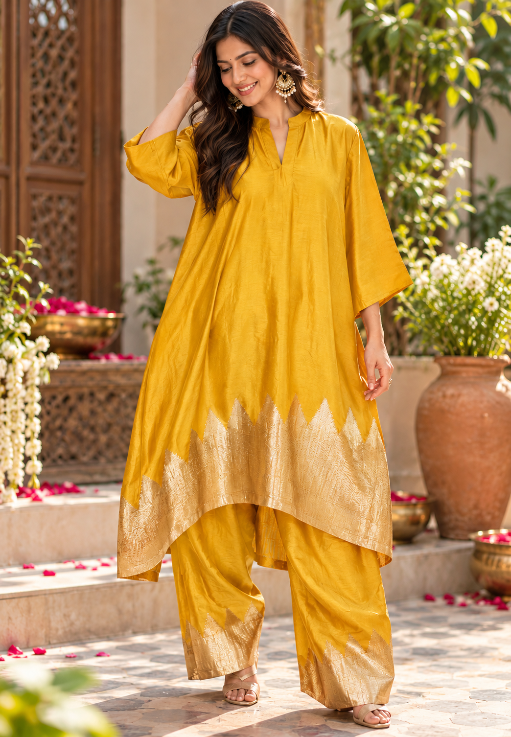 Mustard Yellow Raw Silk Mandarin Collar V-Neck Aline Kurta With Antique Gold Geometric Woven Hem Border and Matching Farshi Bottom- 17038