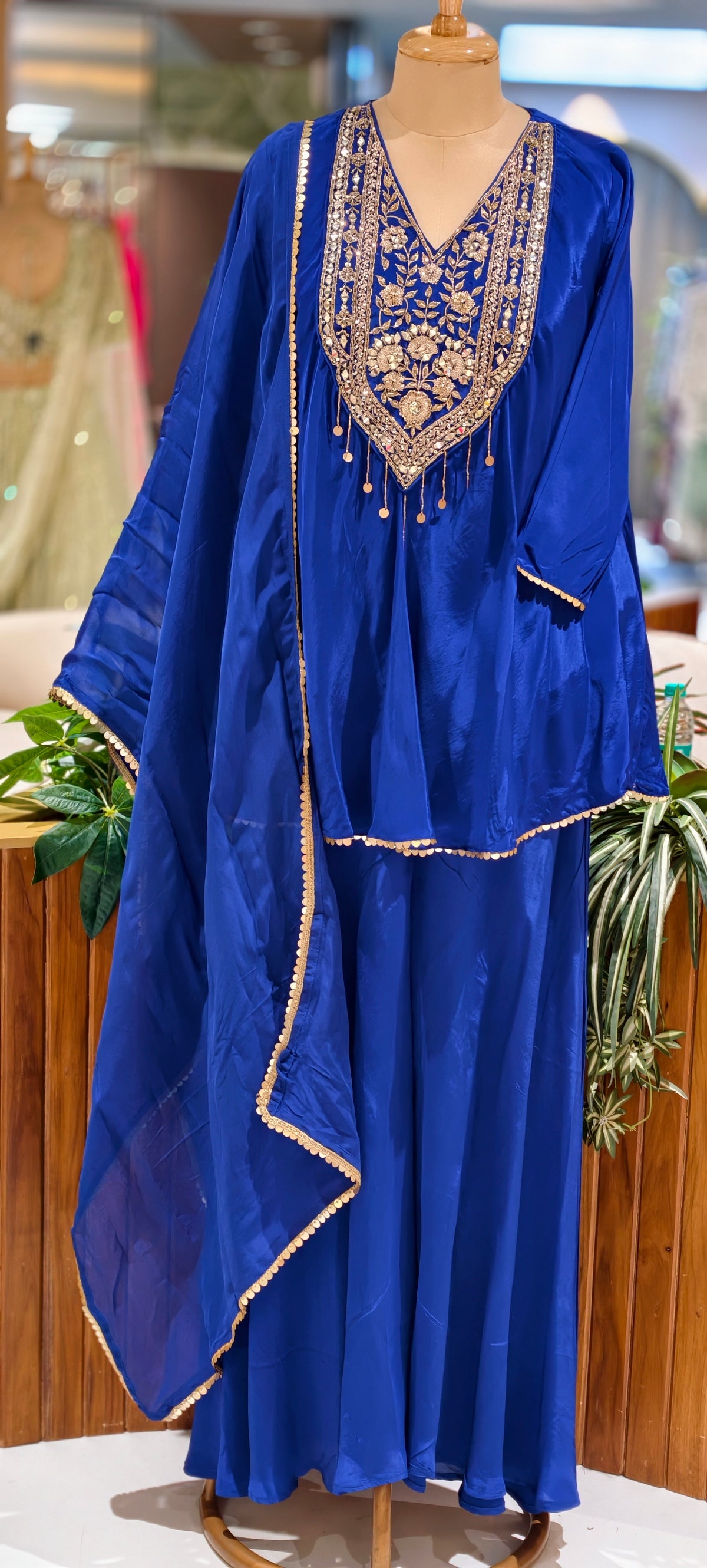 Pure Crepe Flare Embroidered Yoke Short Top Flare Palazzo Full Suit Set 16995