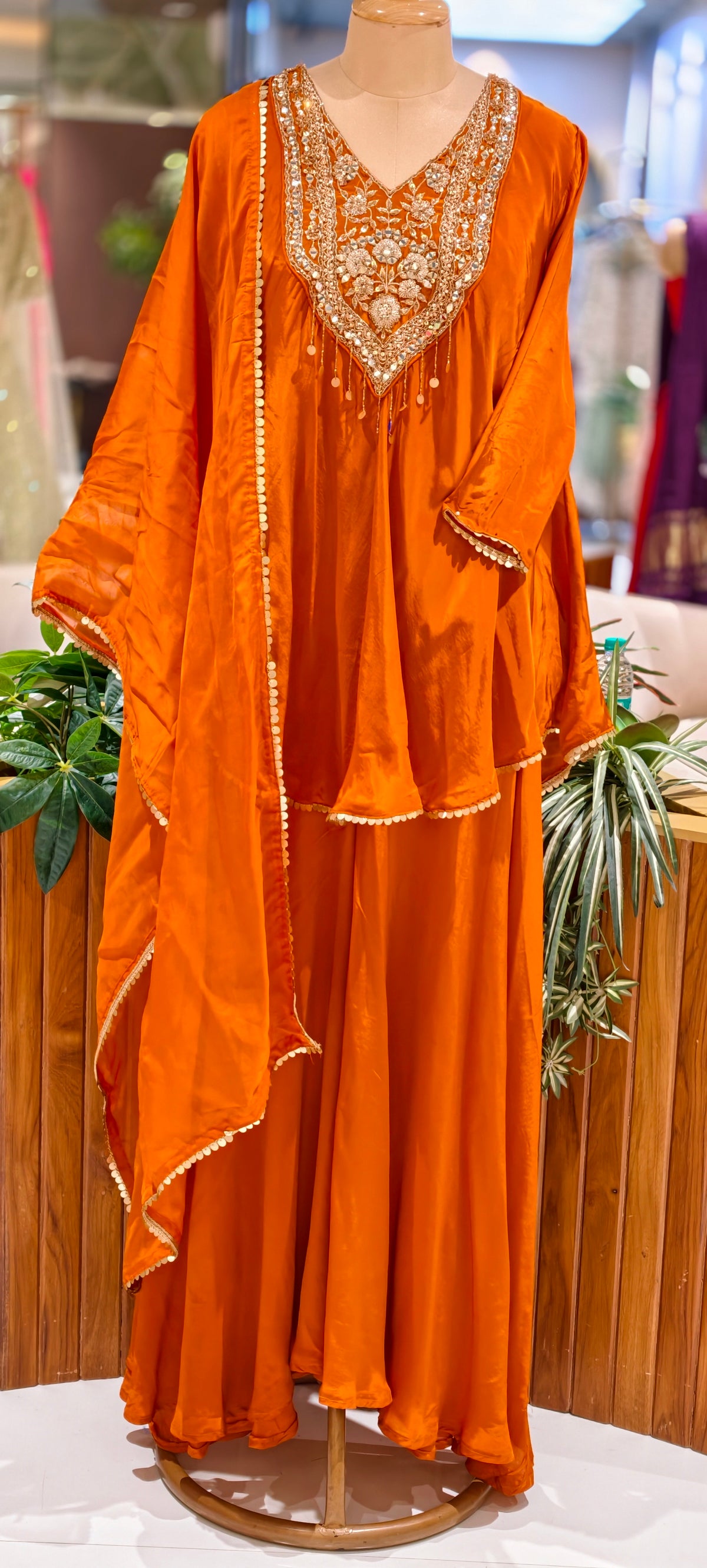 Pure Crepe Flare Embroidered Yoke Short Top Flare Palazzo Full Suit Set 16995