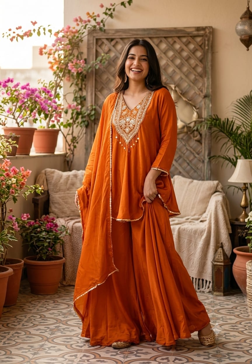 Pure Crepe Flare Embroidered Yoke Short Top Flare Palazzo Full Suit Set 16995