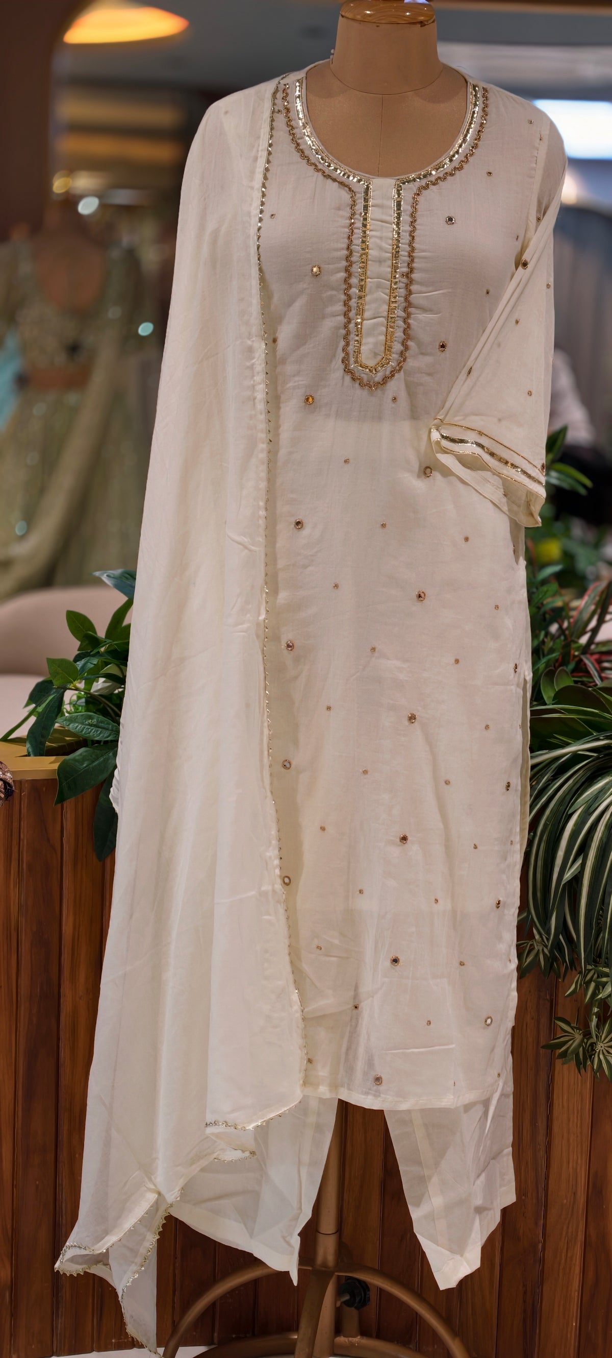 Beautiful Foil Mirror Work Mulcotton Straight Cut Solid Color Matching Full Suit Set With Dupatta- 16990