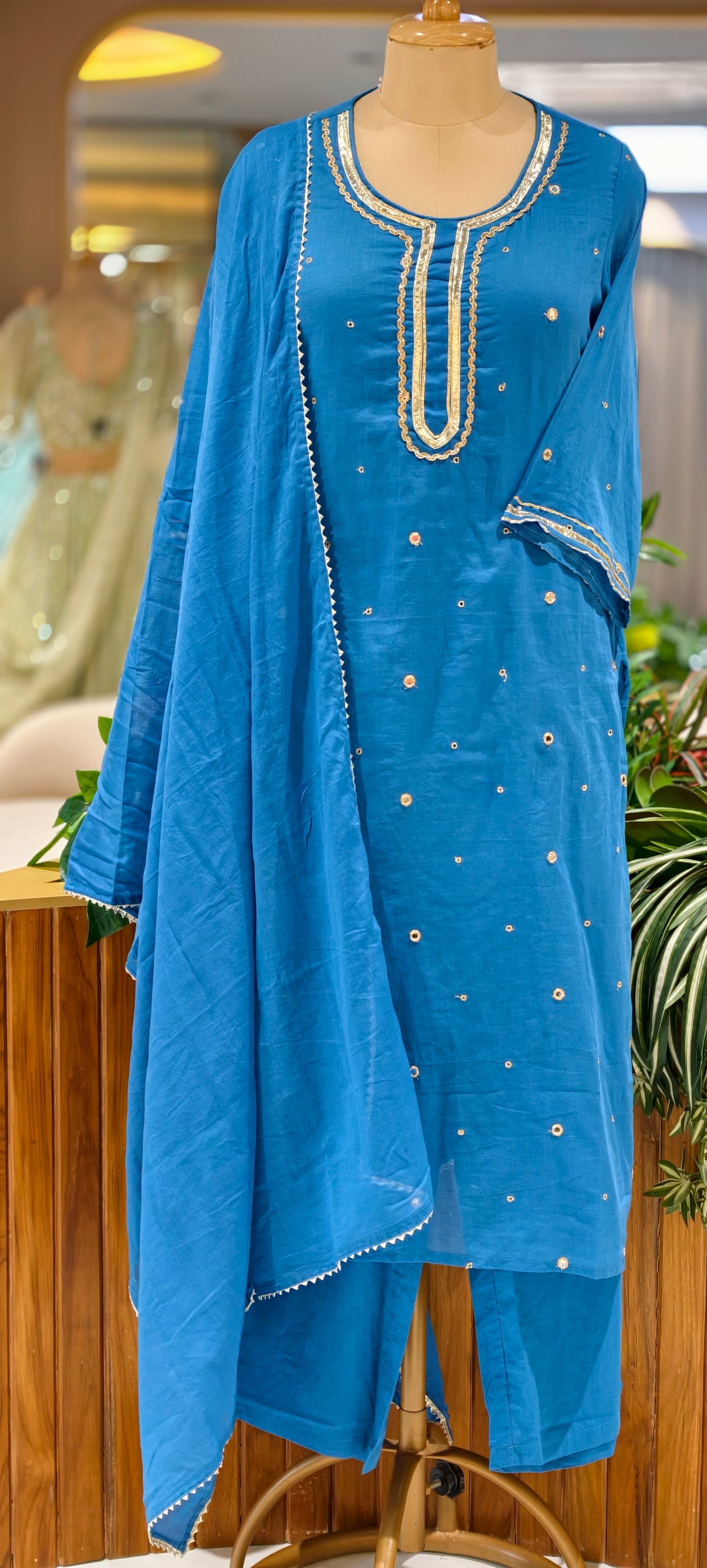 Beautiful Foil Mirror Work Mulcotton Straight Cut Solid Color Matching Full Suit Set With Dupatta- 16990