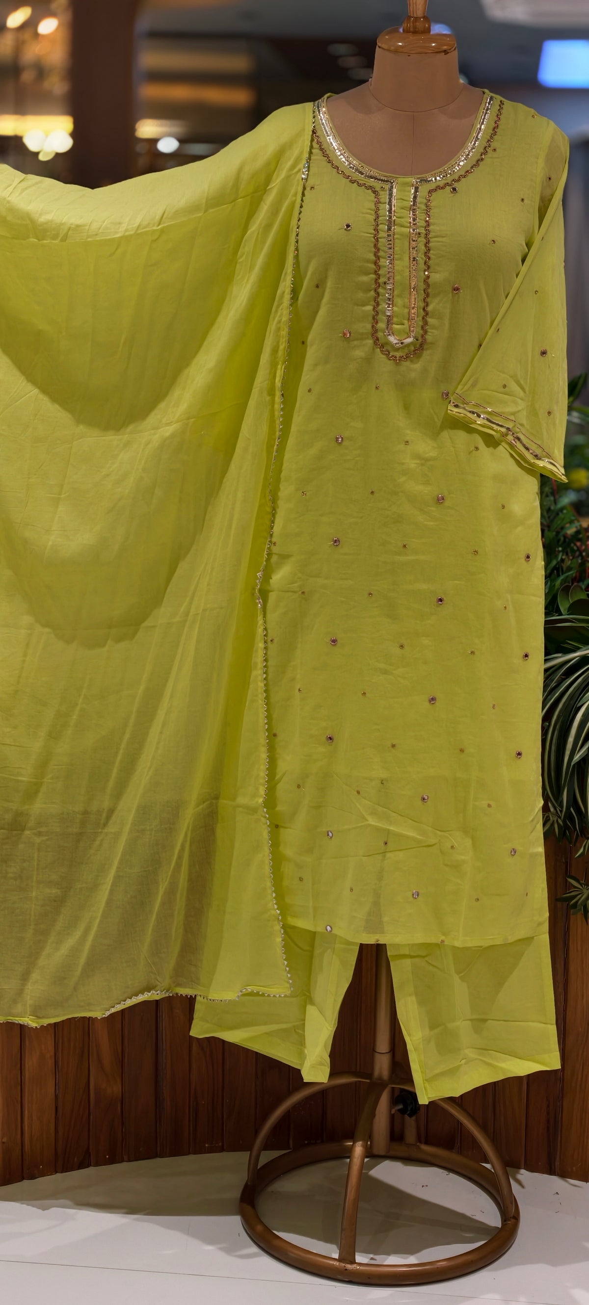 Beautiful Foil Mirror Work Mulcotton Straight Cut Solid Color Matching Full Suit Set With Dupatta- 16990