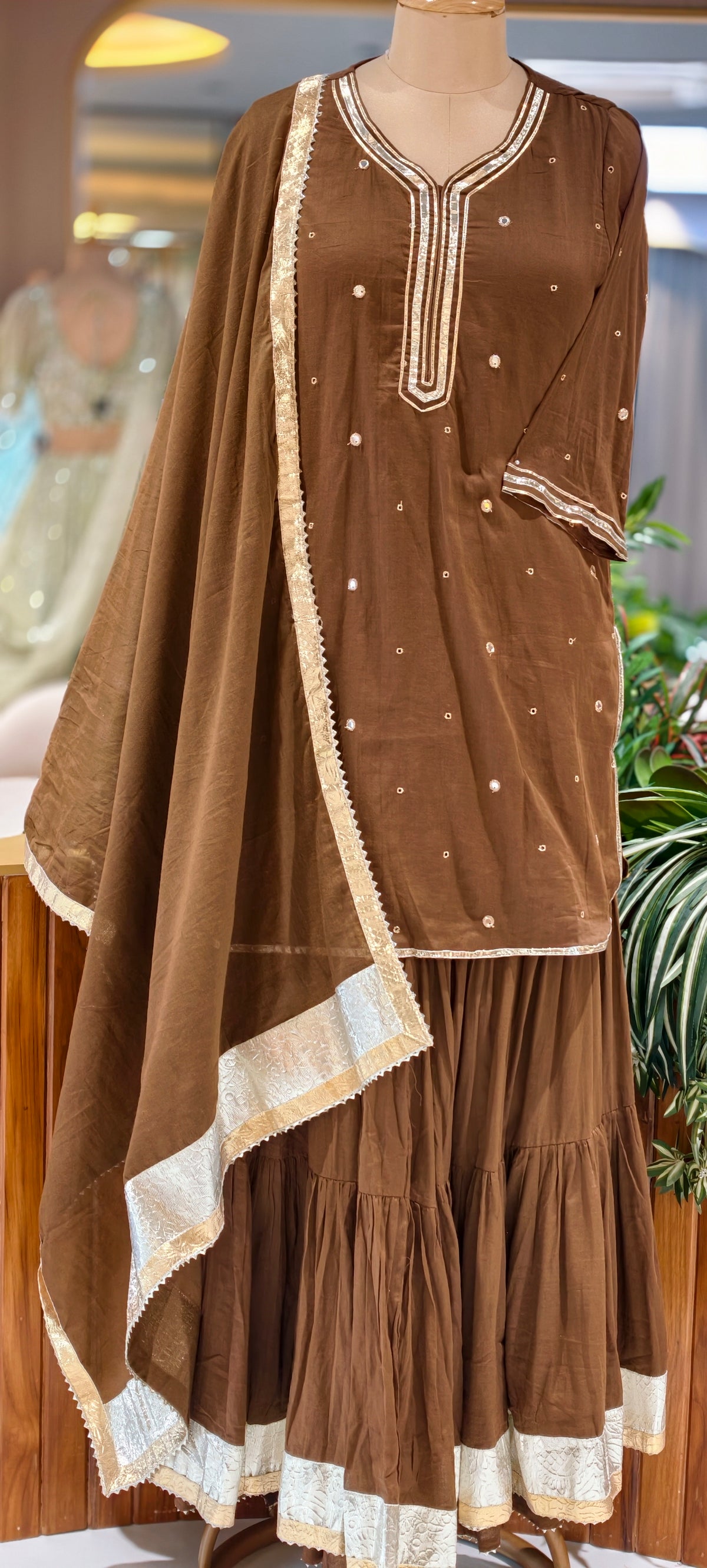 Mulcotton Beautiful Gotta Patti Foil Mirror Work Pleated Flared Sharara Full Suit Set With Matching Dupatta- 16989