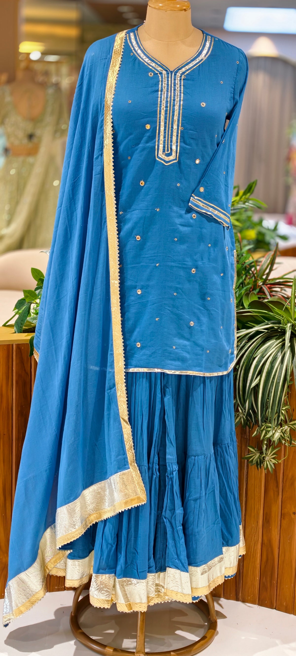 Mulcotton Beautiful Gotta Patti Foil Mirror Work Pleated Flared Sharara Full Suit Set With Matching Dupatta- 16989