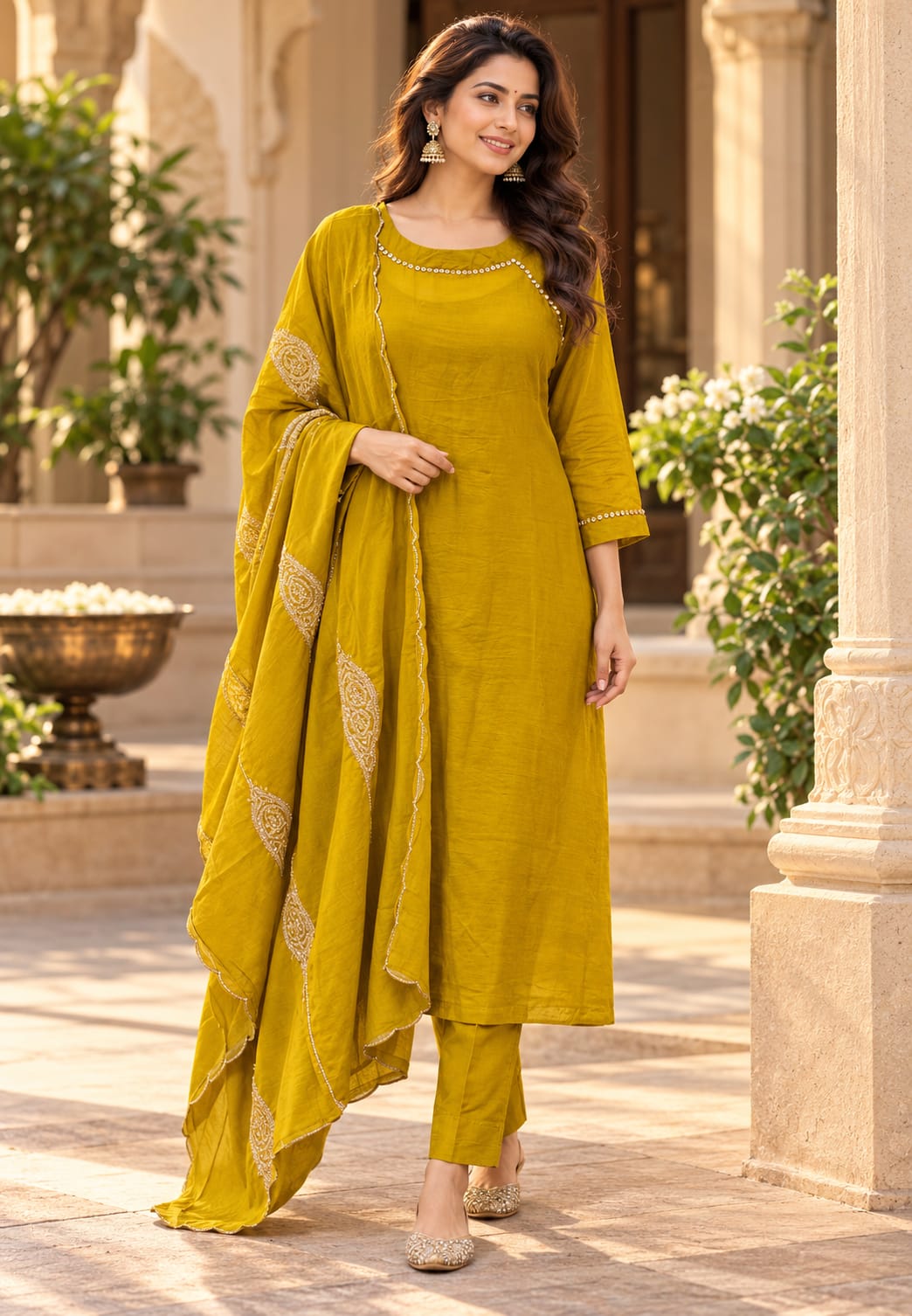 Pure mulchanderi Solid Shade Aline Embroidered on Neck Full Suit Set- 16881