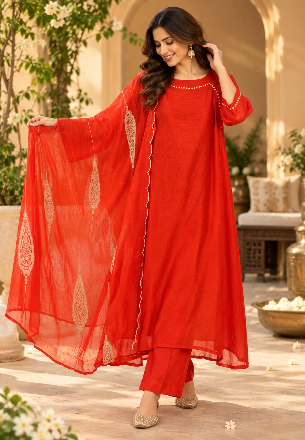 Pure mulchanderi Solid Shade Aline Embroidered on Neck Full Suit Set- 16881