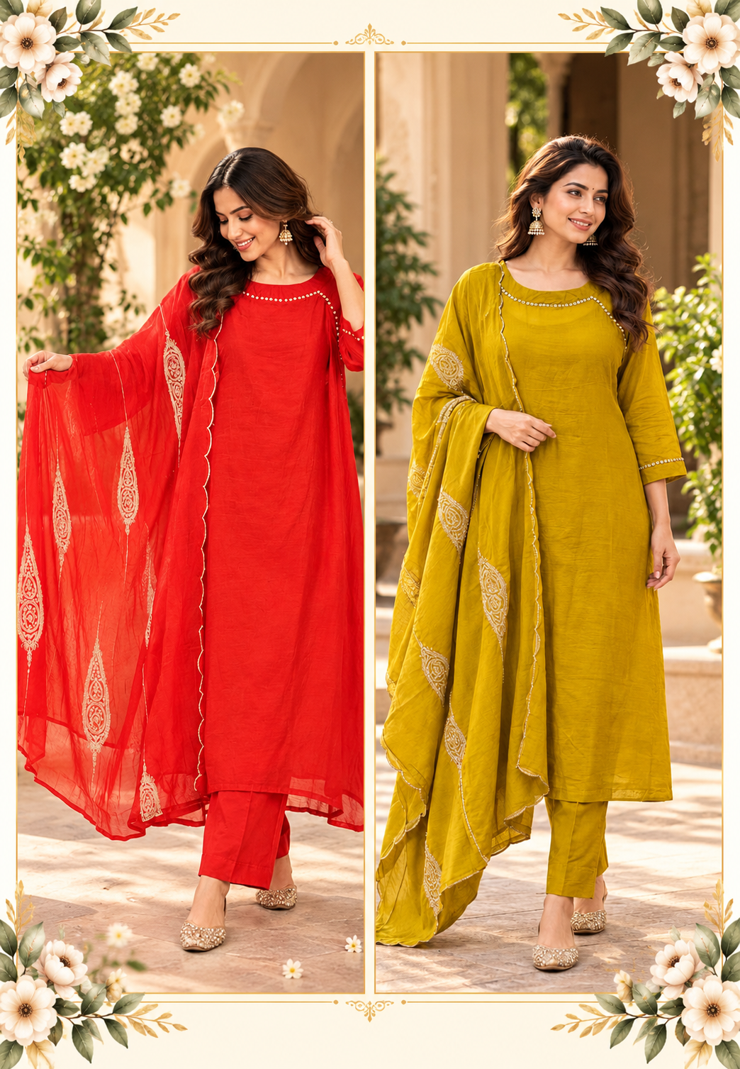 Pure mulchanderi Solid Shade Aline Embroidered on Neck Full Suit Set- 16881