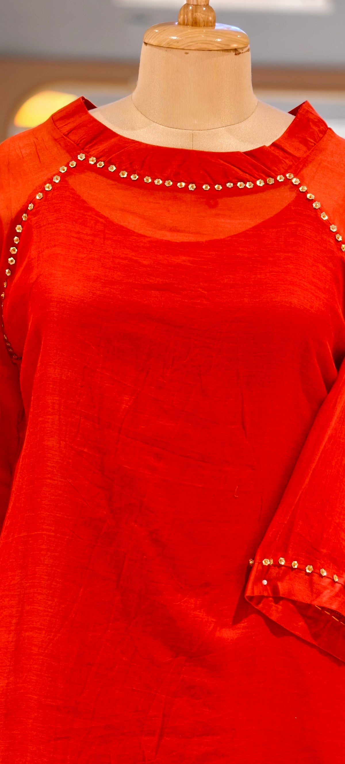 Pure mulchanderi Solid Shade Aline Embroidered on Neck Full Suit Set- 16881