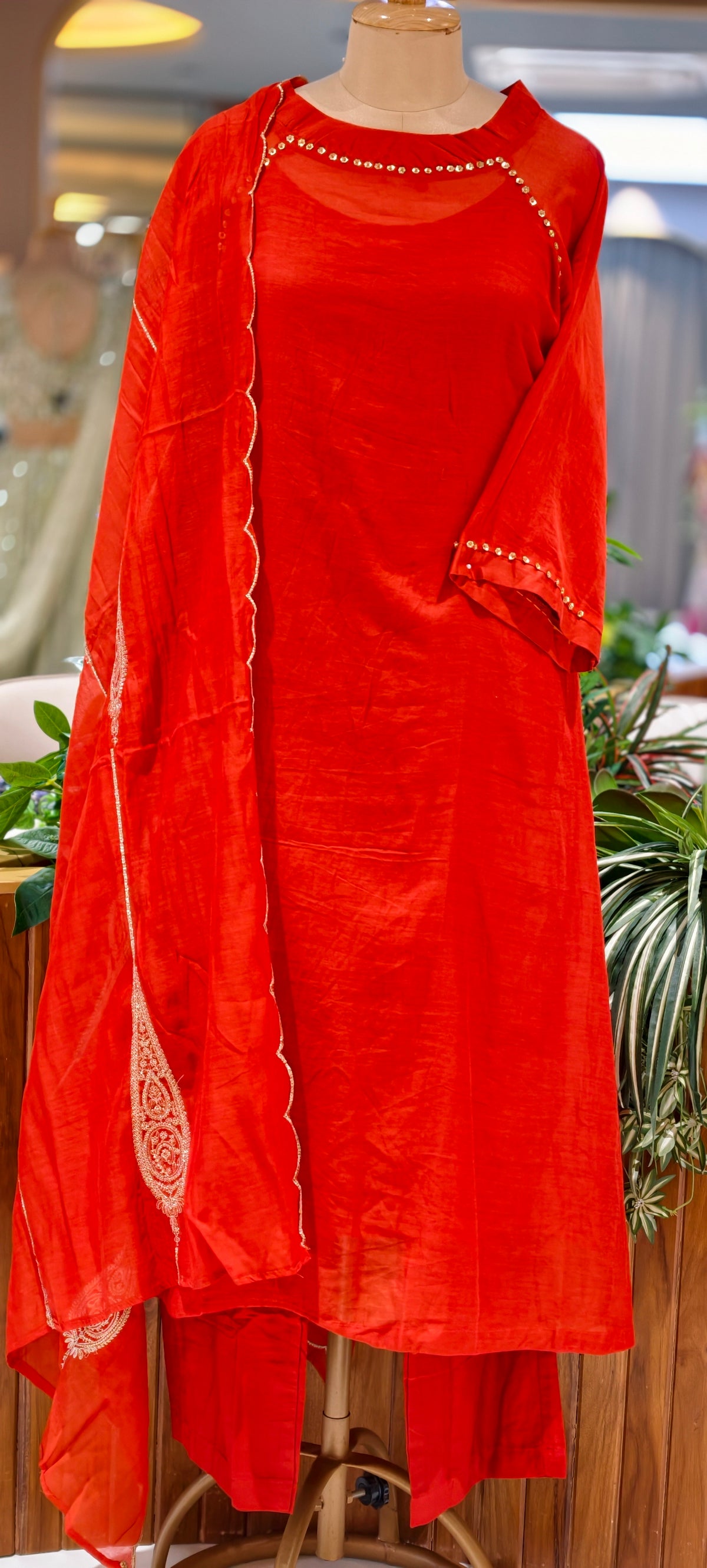 Pure mulchanderi Solid Shade Aline Embroidered on Neck Full Suit Set- 16881