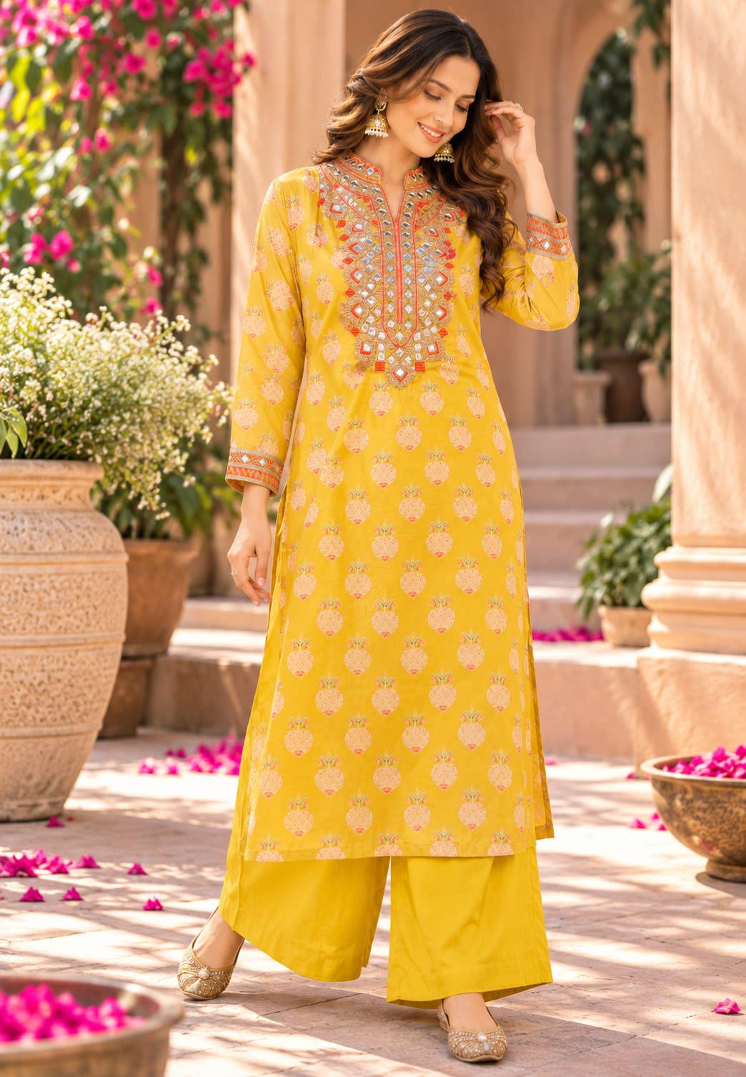 Premium Crepe Kurta Pant Set with Intricate Zari Embroidery & Straight-Bottom Pants 16994