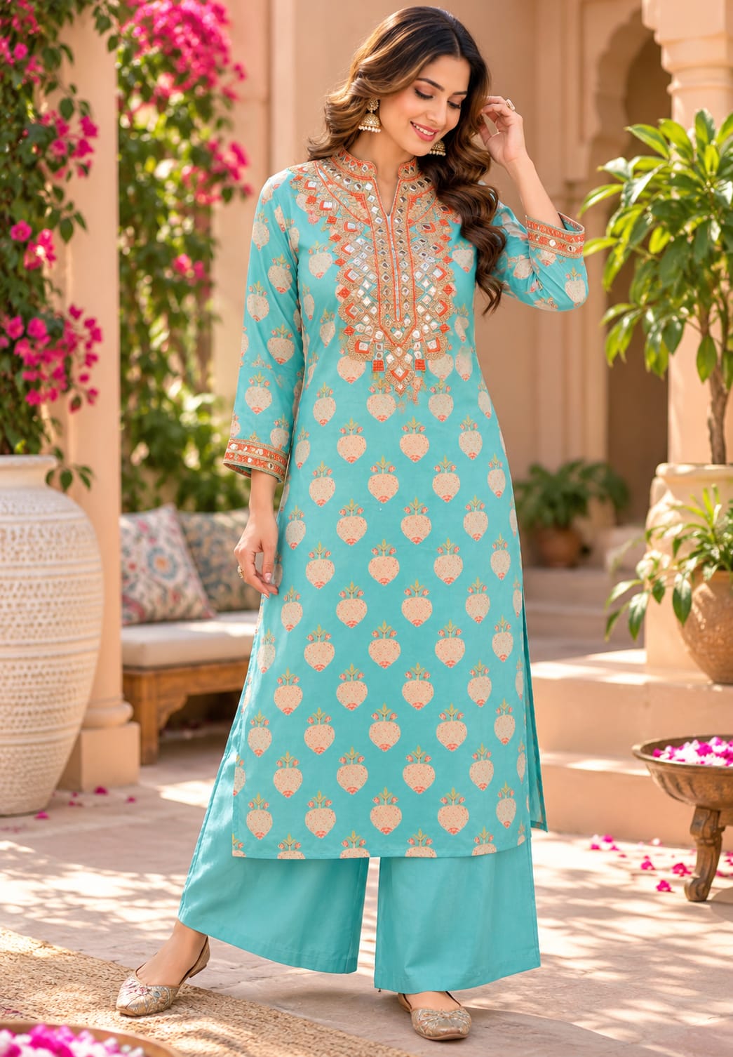 Premium Crepe Kurta Pant Set with Intricate Zari Embroidery & Straight-Bottom Pants 16994