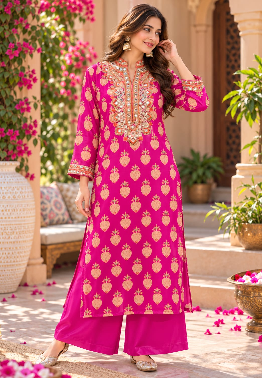 Premium Crepe Kurta Pant Set with Intricate Zari Embroidery & Straight-Bottom Pants 16994