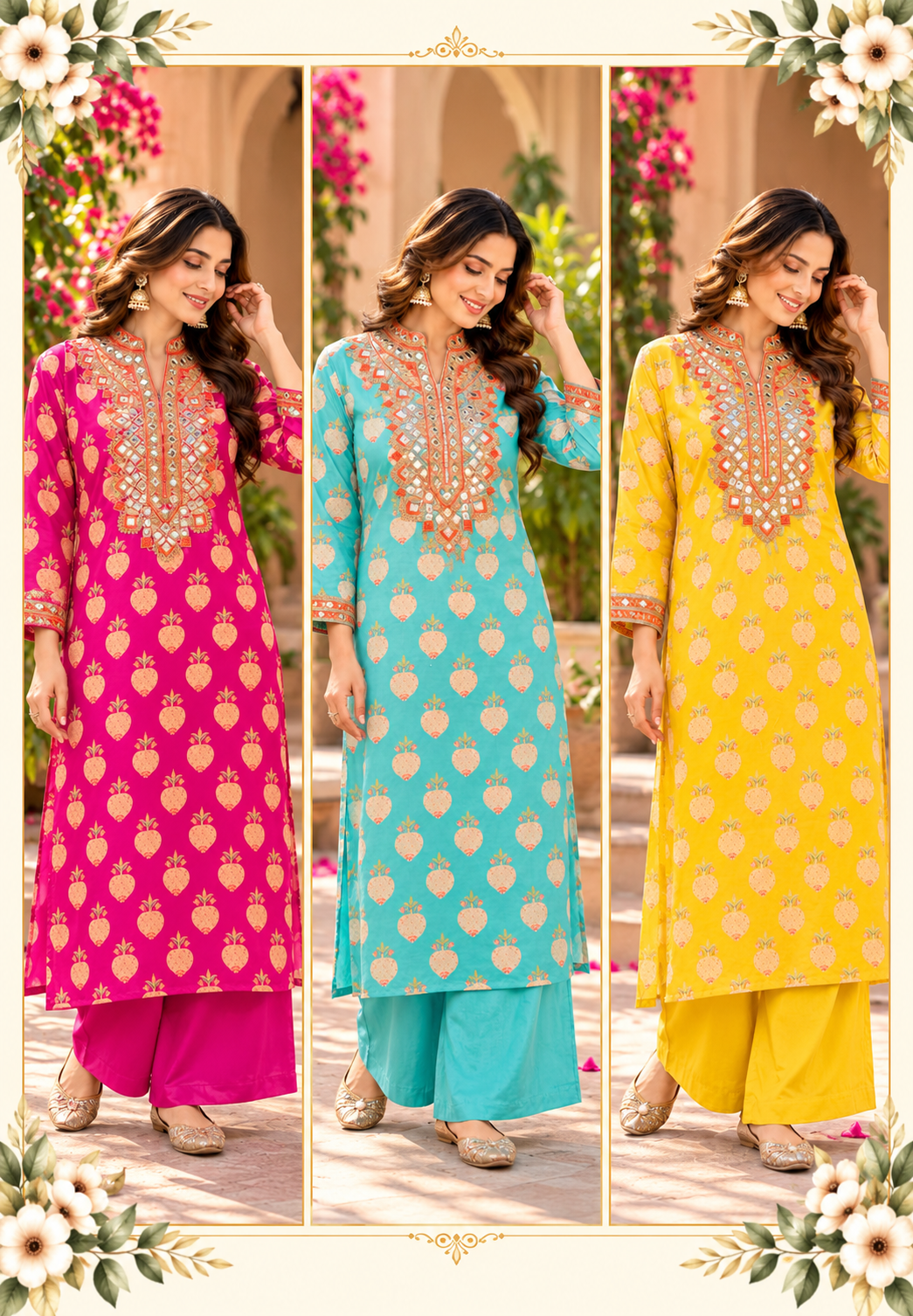Premium Crepe Kurta Pant Set with Intricate Zari Embroidery & Straight-Bottom Pants 16994