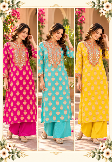 Premium Crepe Kurta Pant Set with Intricate Zari Embroidery & Straight-Bottom Pants 16994