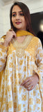 Yellow printed Floral stylish nyra cut slit kurta with loose pant and chiffon dupatta