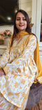 Yellow printed Floral stylish nyra cut slit kurta with loose pant and chiffon dupatta