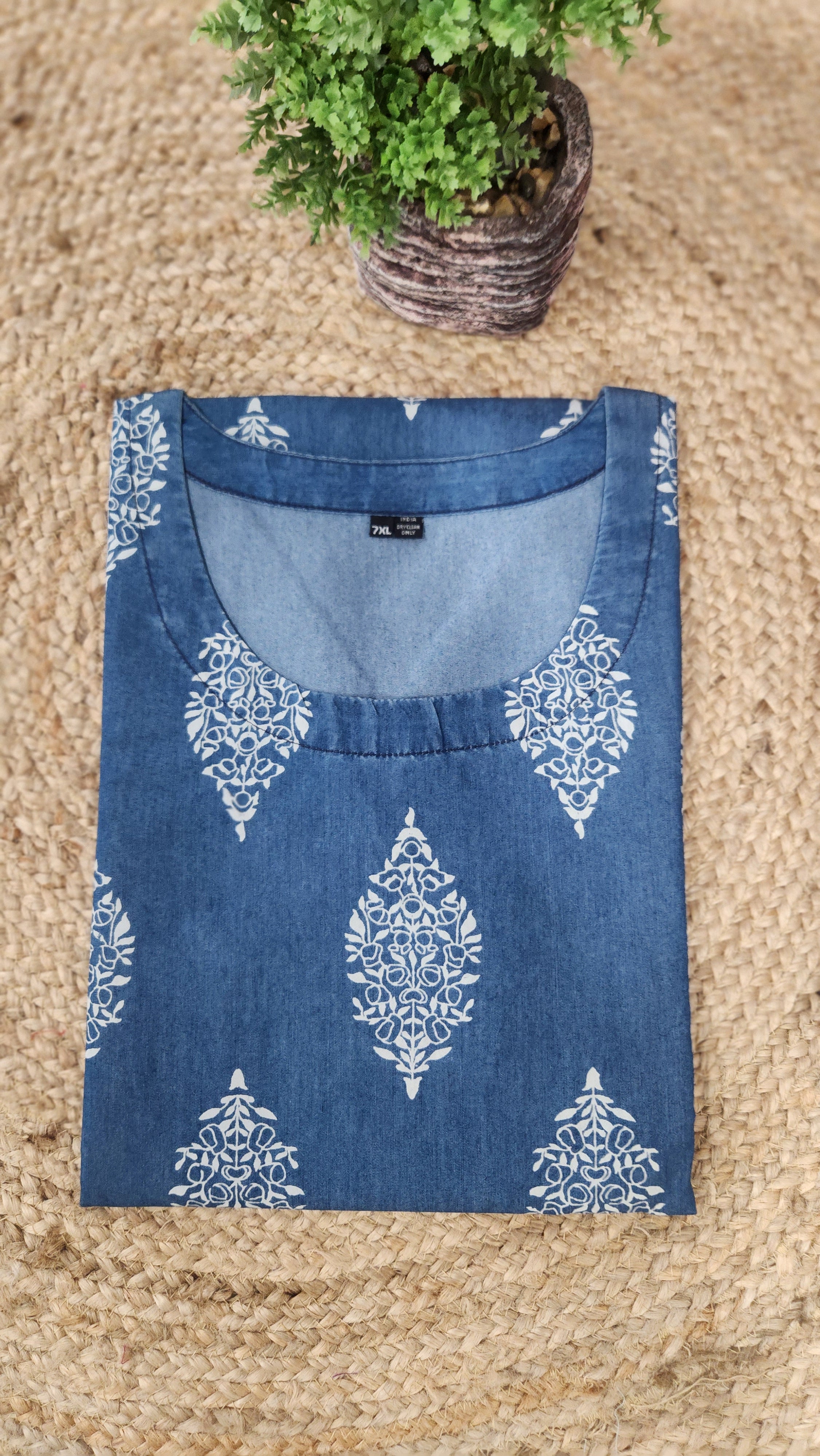Blue soft denim printed kurta only with pockets-03942-03941