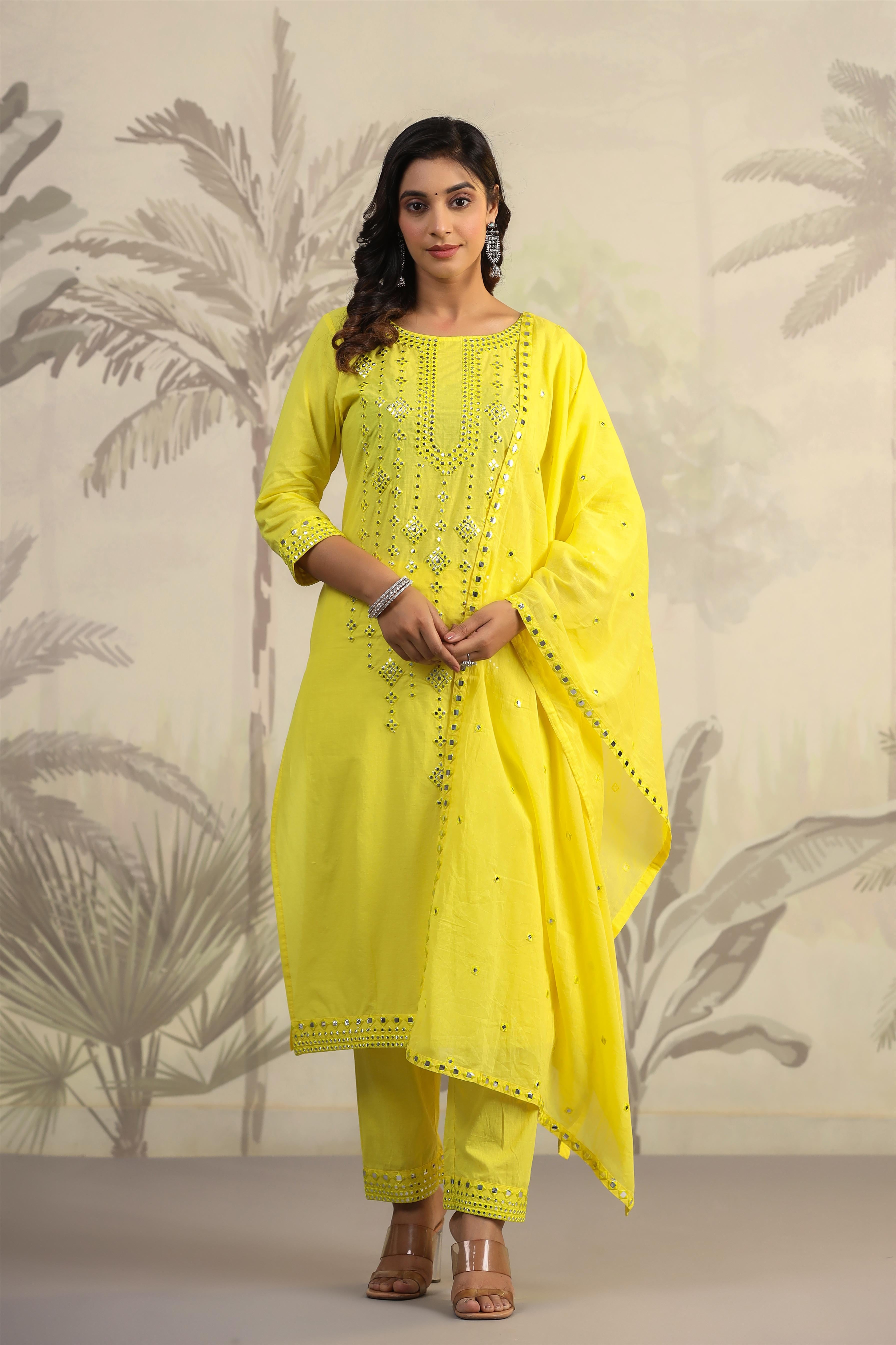 Cotton Foil Mirror Bright Yellow Full suit Set with Dupatta -06102