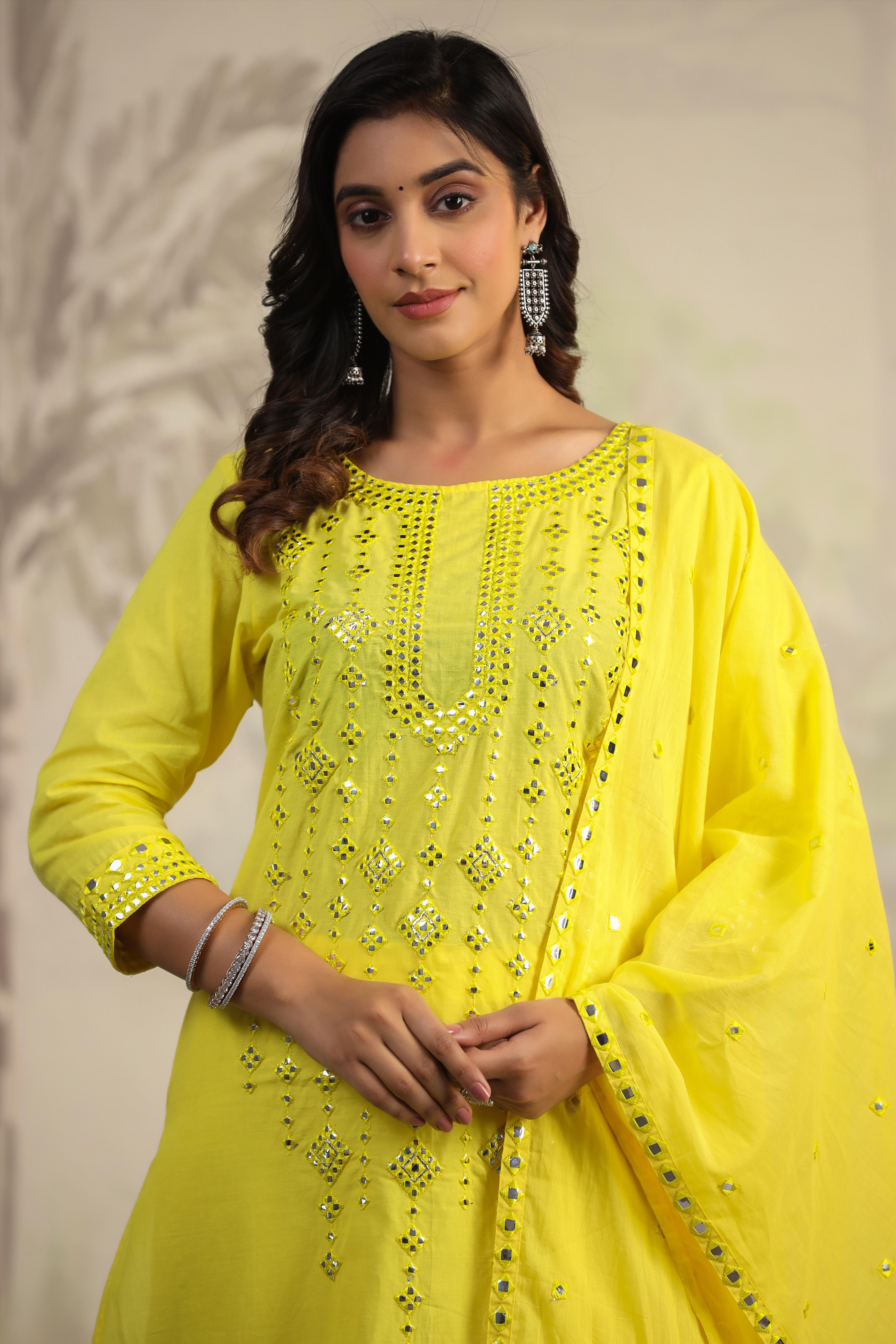 Cotton Foil Mirror Bright Yellow Full suit Set with Dupatta -06102