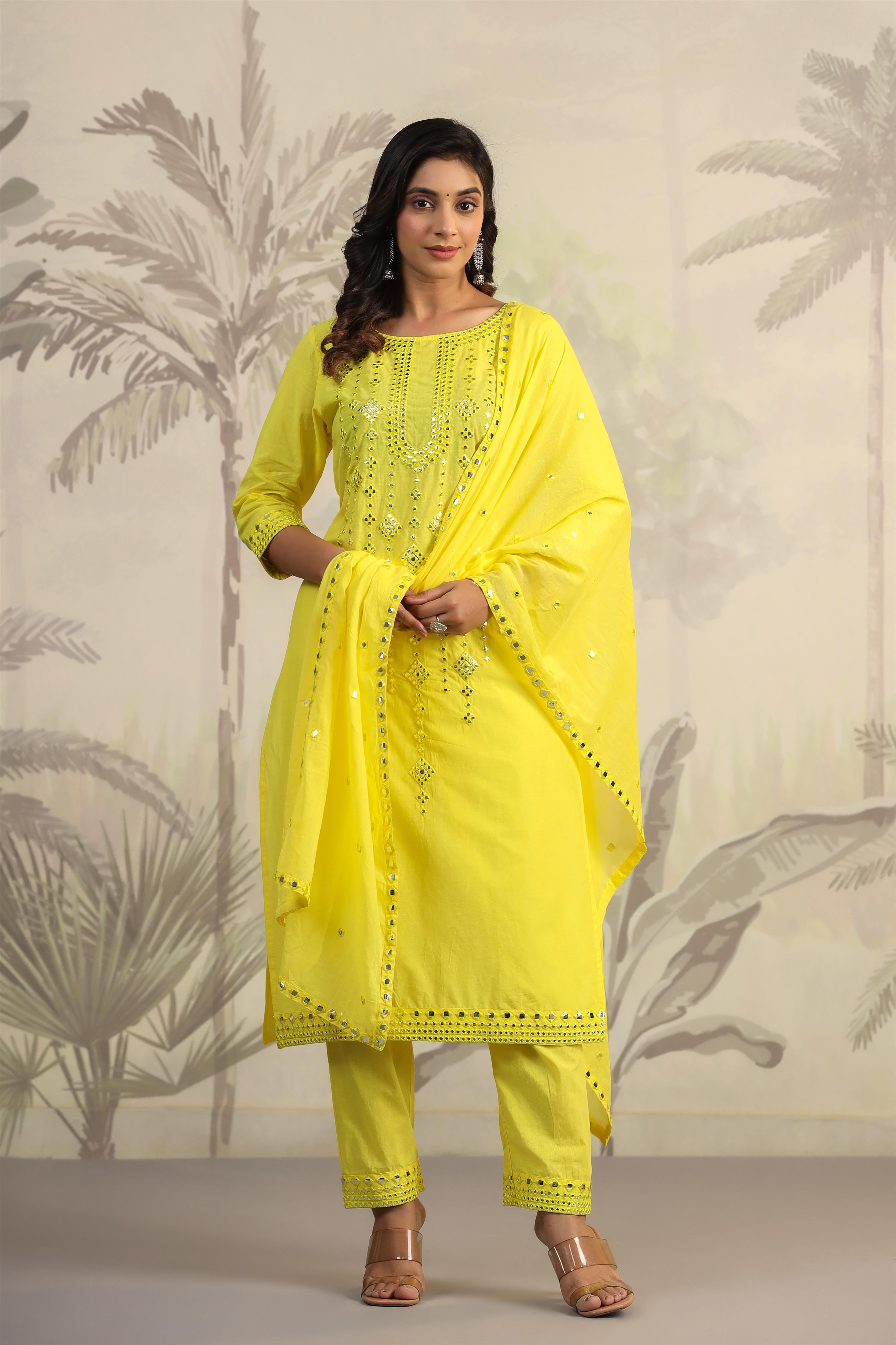 Cotton Foil Mirror Bright Yellow Full suit Set with Dupatta -06102