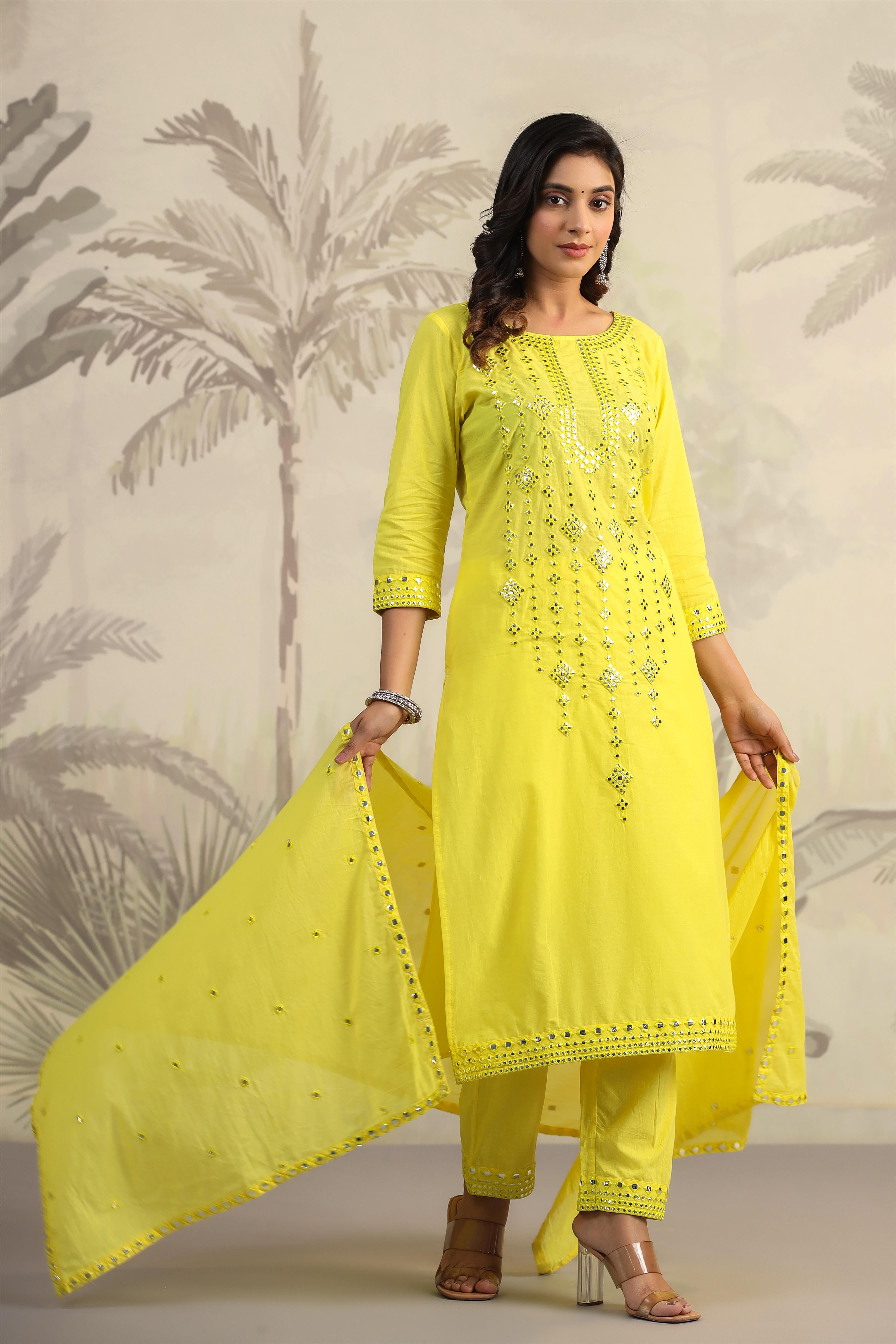 Cotton Foil Mirror Bright Yellow Full suit Set with Dupatta -06102