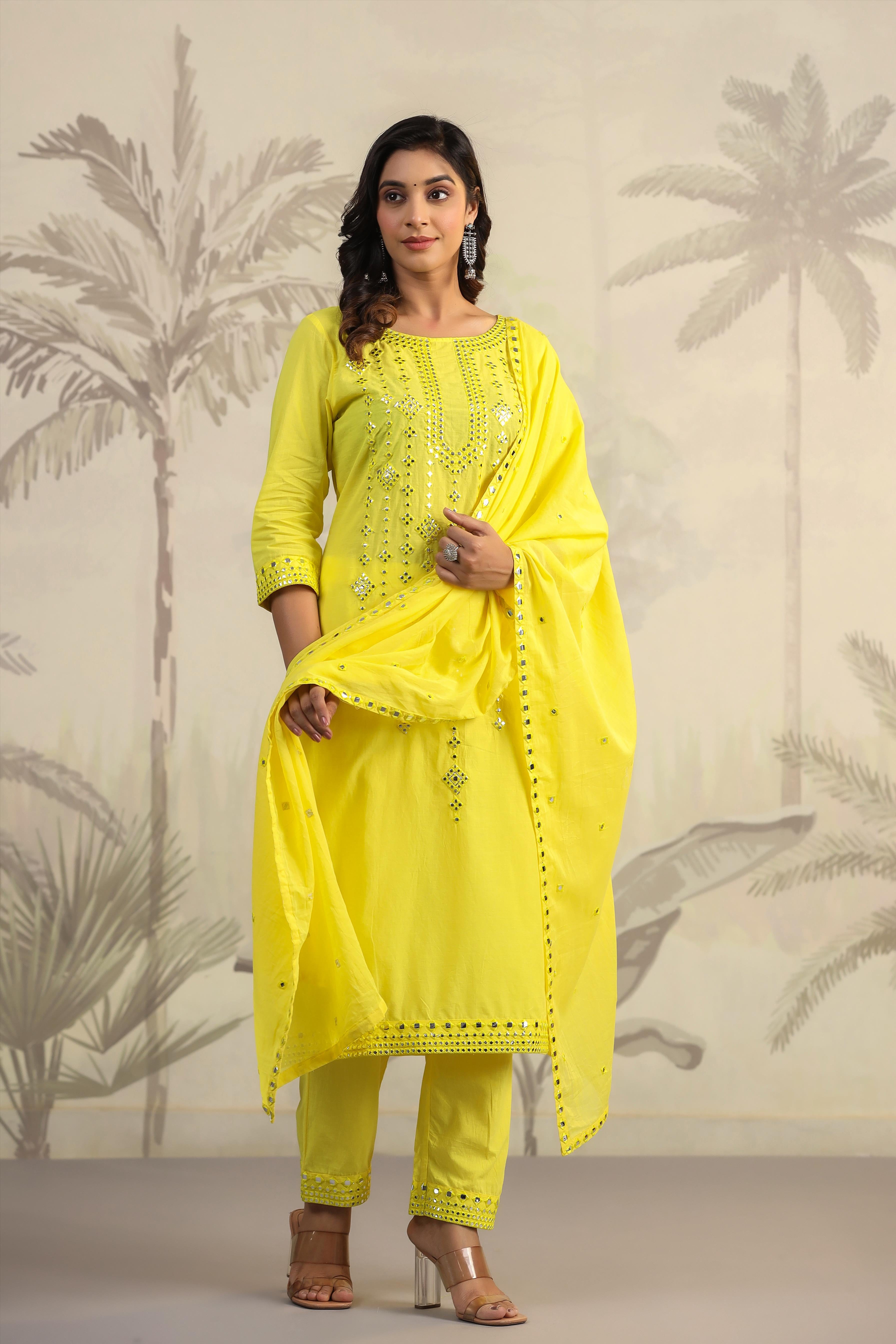 Cotton Foil Mirror Bright Yellow Full suit Set with Dupatta -06102