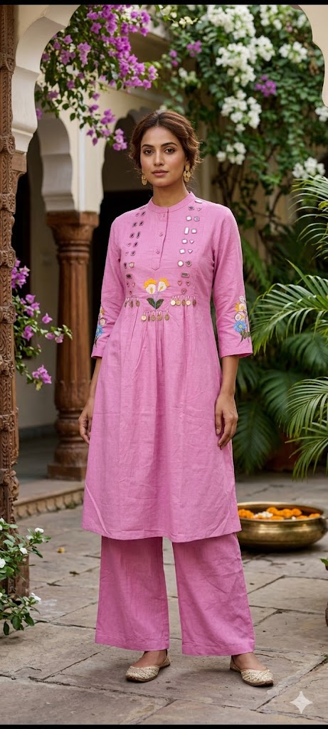 Floral Thread Embroidery Flex Cotton Kurta Pant Set with Mirror Work Detailing & Statement Tassel Accents- 14281 RB255