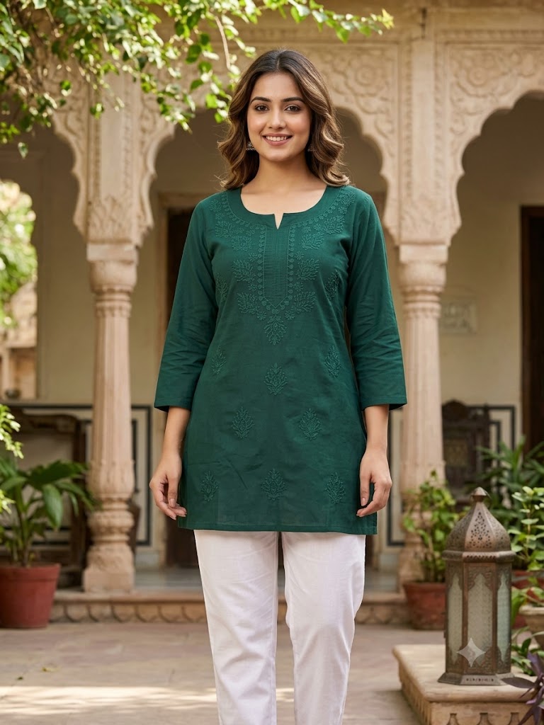 Emerald Elegance Thread Embroidered Cotton Short Kurti Only- 15873