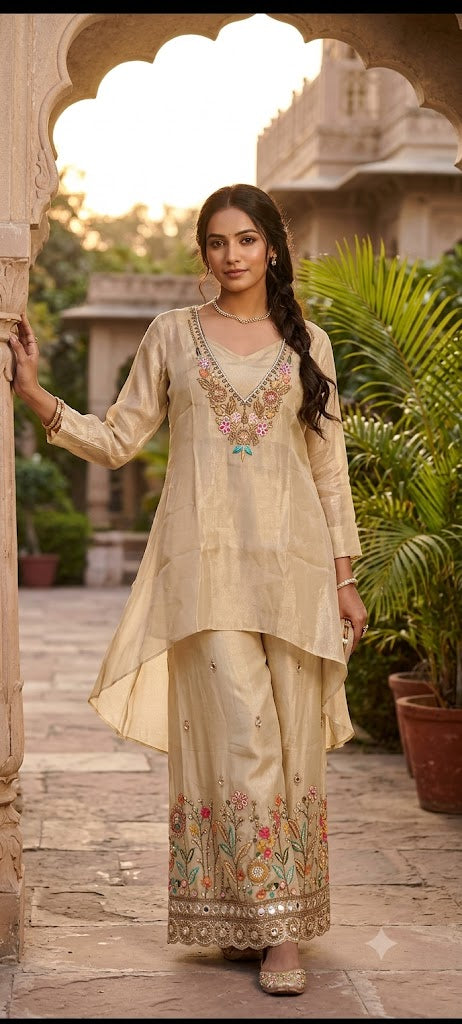 Ivory Intricate Floral Embroidery Bustier & Outer Style Co-Ord Set In Tissue Fabric- 17028