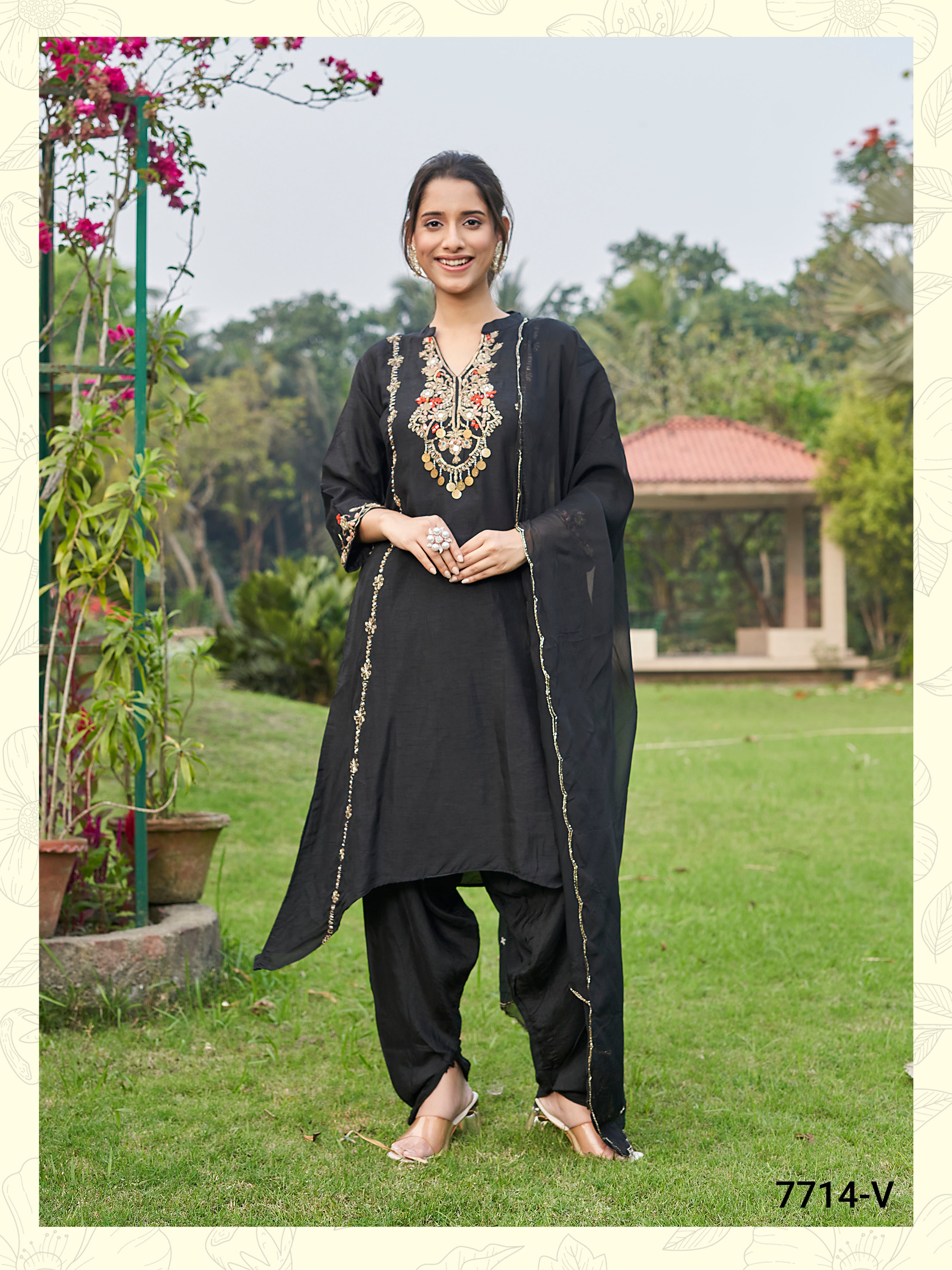 Elegant Dola Silk Hi-Low Suit Set with Intricate Embroidered Neck