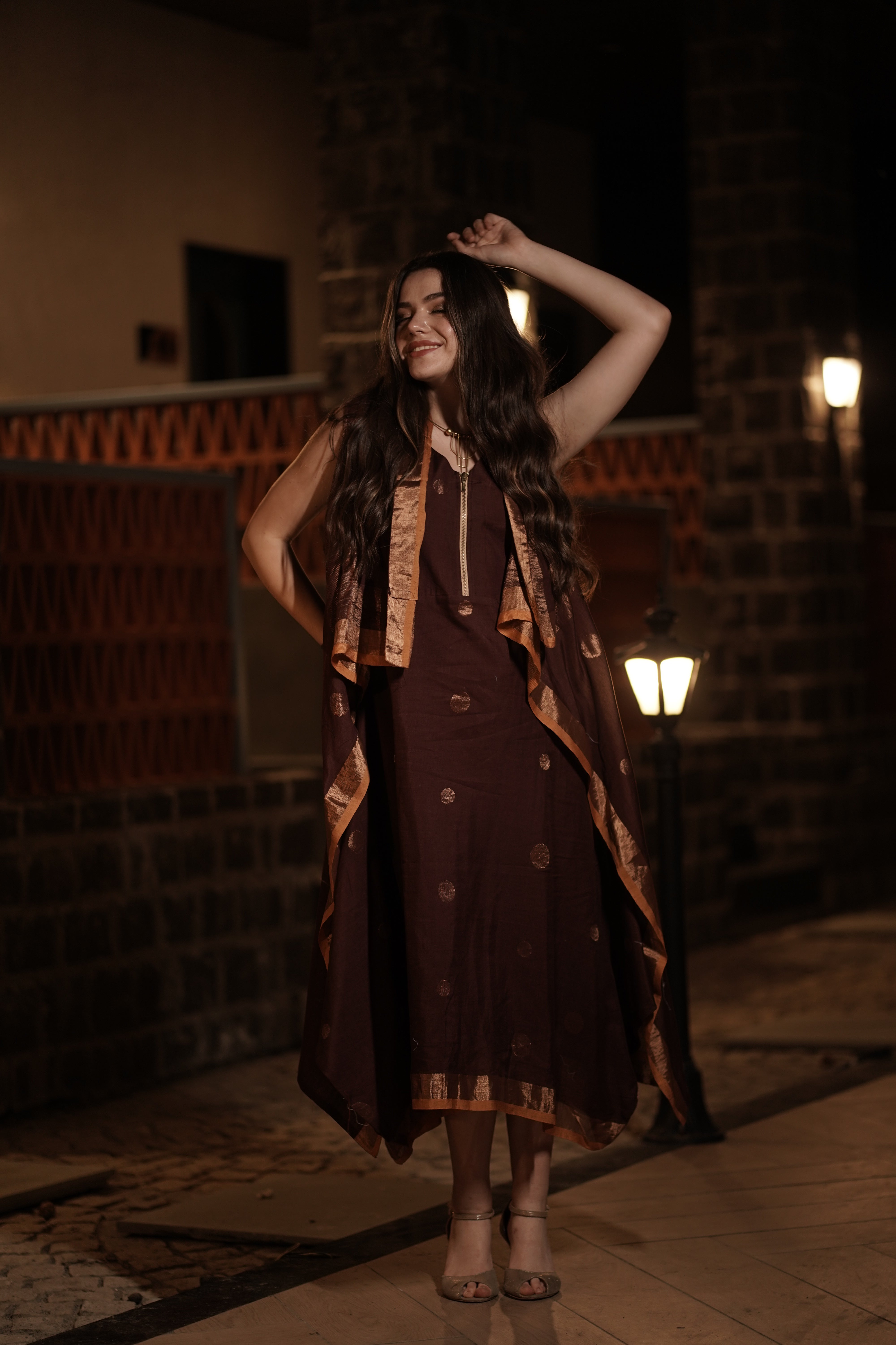 Elegant Brown Jamdani Midi Dress with Stylish Overlay Jacket Separate Sleeves inside 14049 RB55